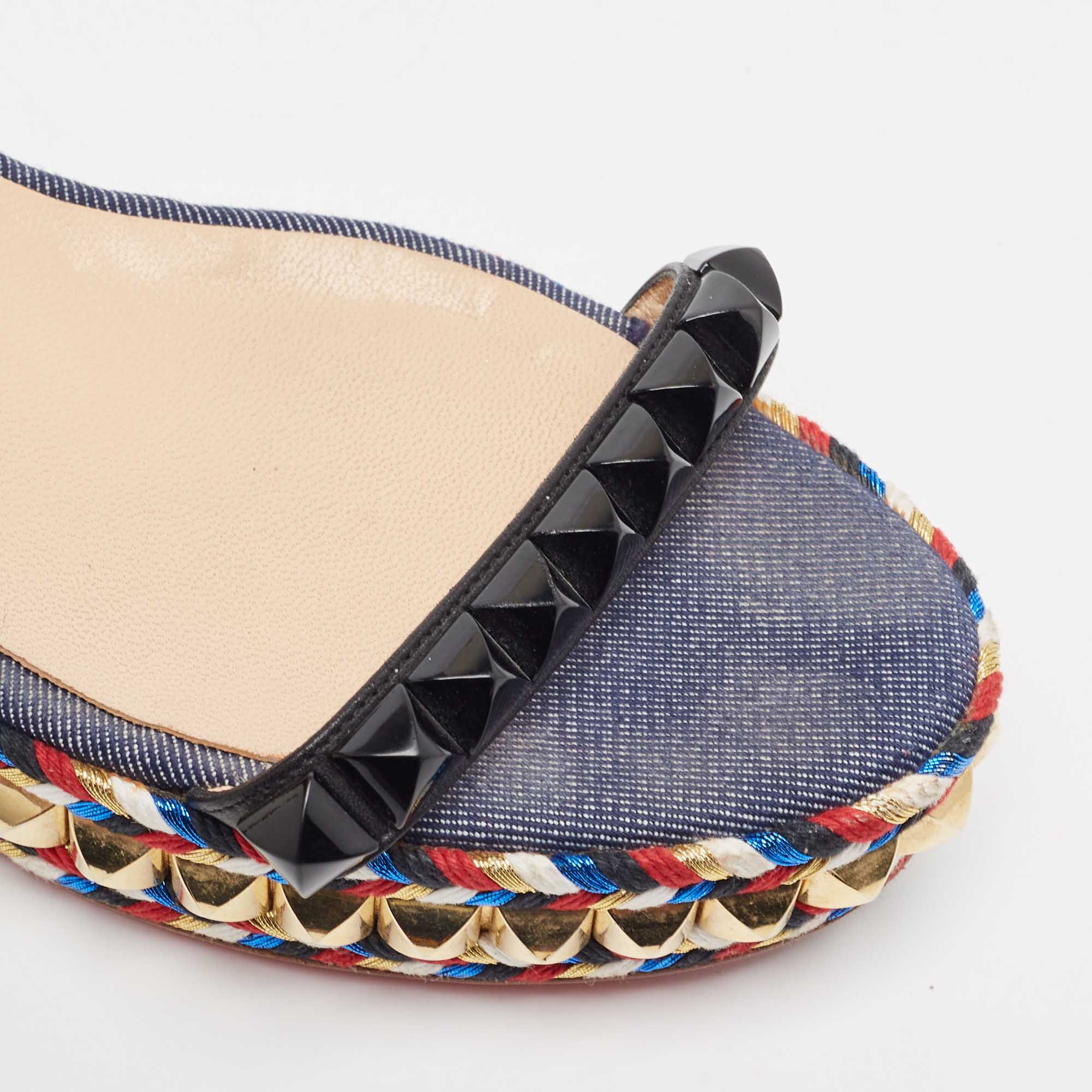 Christian Louboutin Black/Blue Leather And Denim Pyraclou Wedge Platform Sandals Size 36