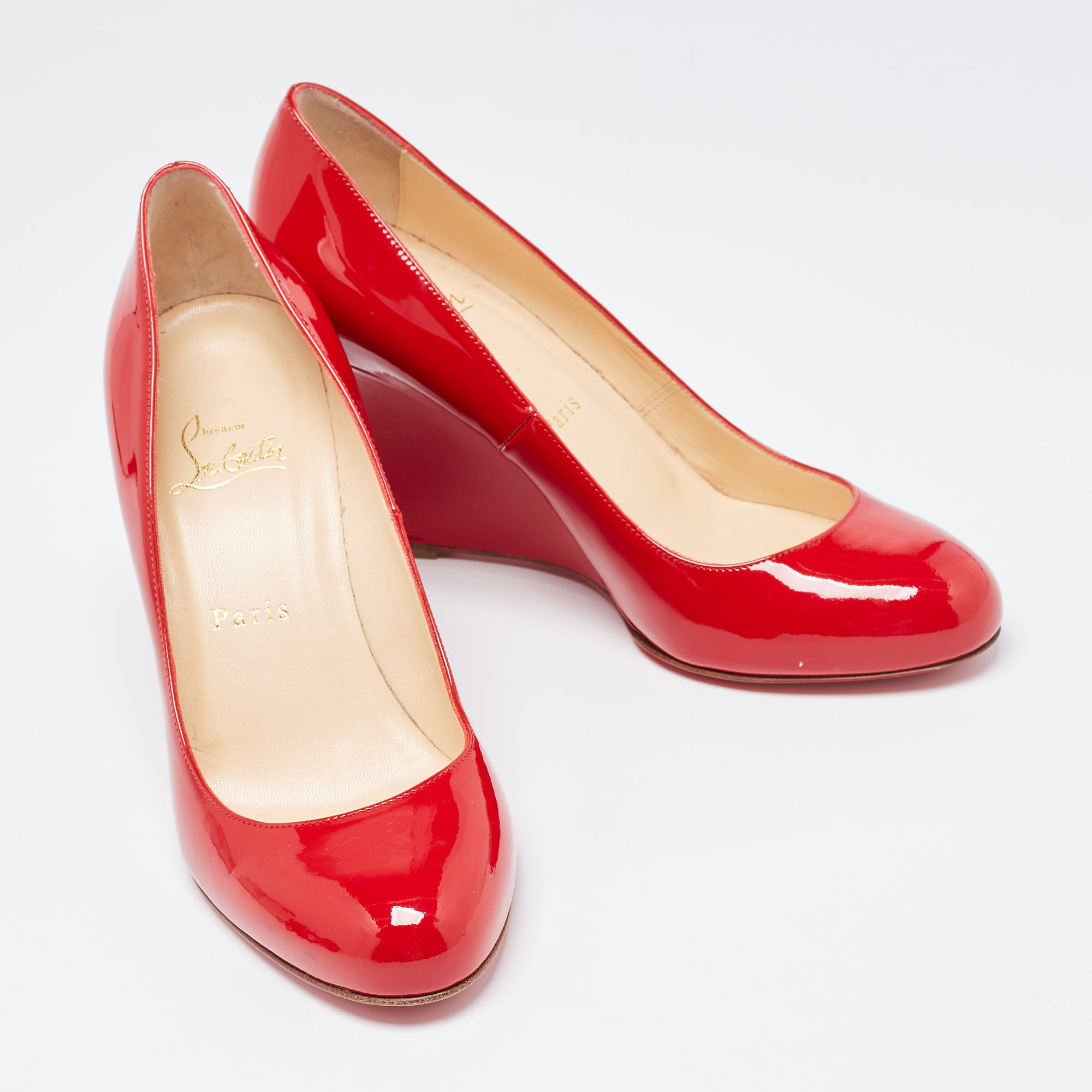 Christian Louboutin Red Patent Leather Ron Ron Wedge Pumps Size 38.5