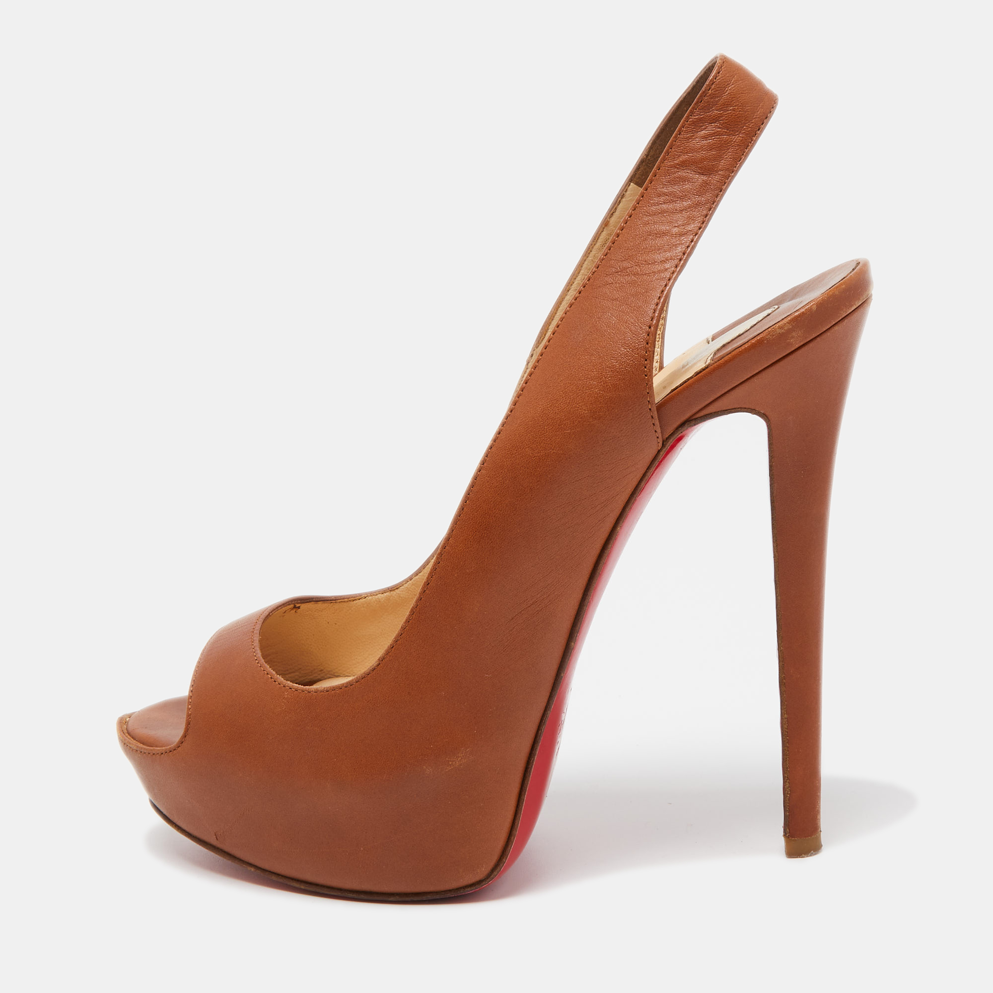 Christian louboutin brown leather peep toe platform slingback sandals size 37