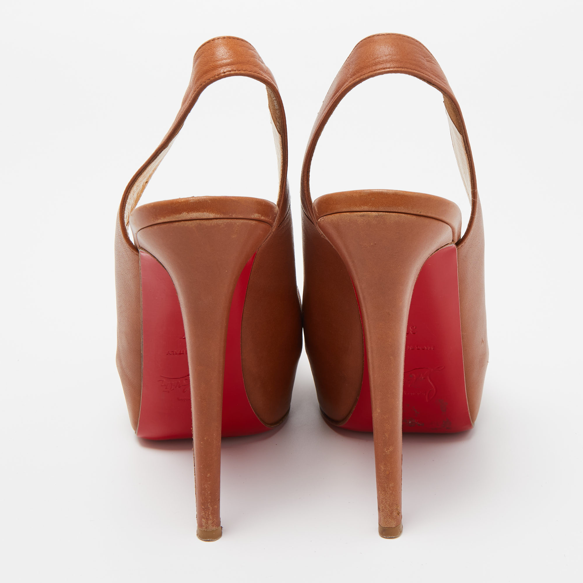 Christian Louboutin Brown Leather Peep Toe Platform Slingback Sandals Size 37