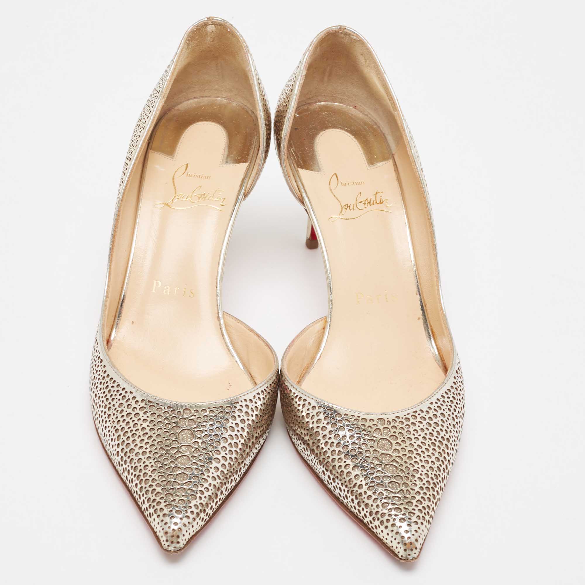 Christian Louboutin Gold Laser Cut Leather And Glitter Galu D'orsay Pumps Size 36
