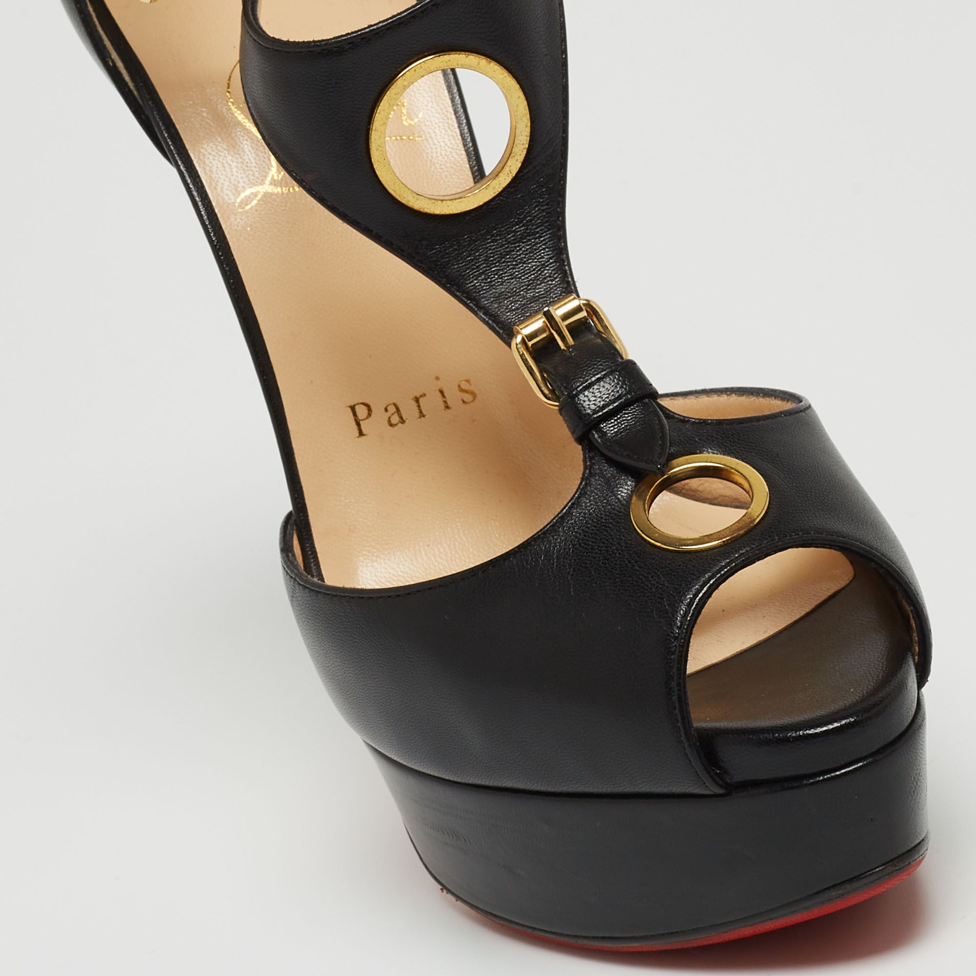 Christian Louboutin Black Leather T-Bar Peep Toe Platform Sandals Size 36