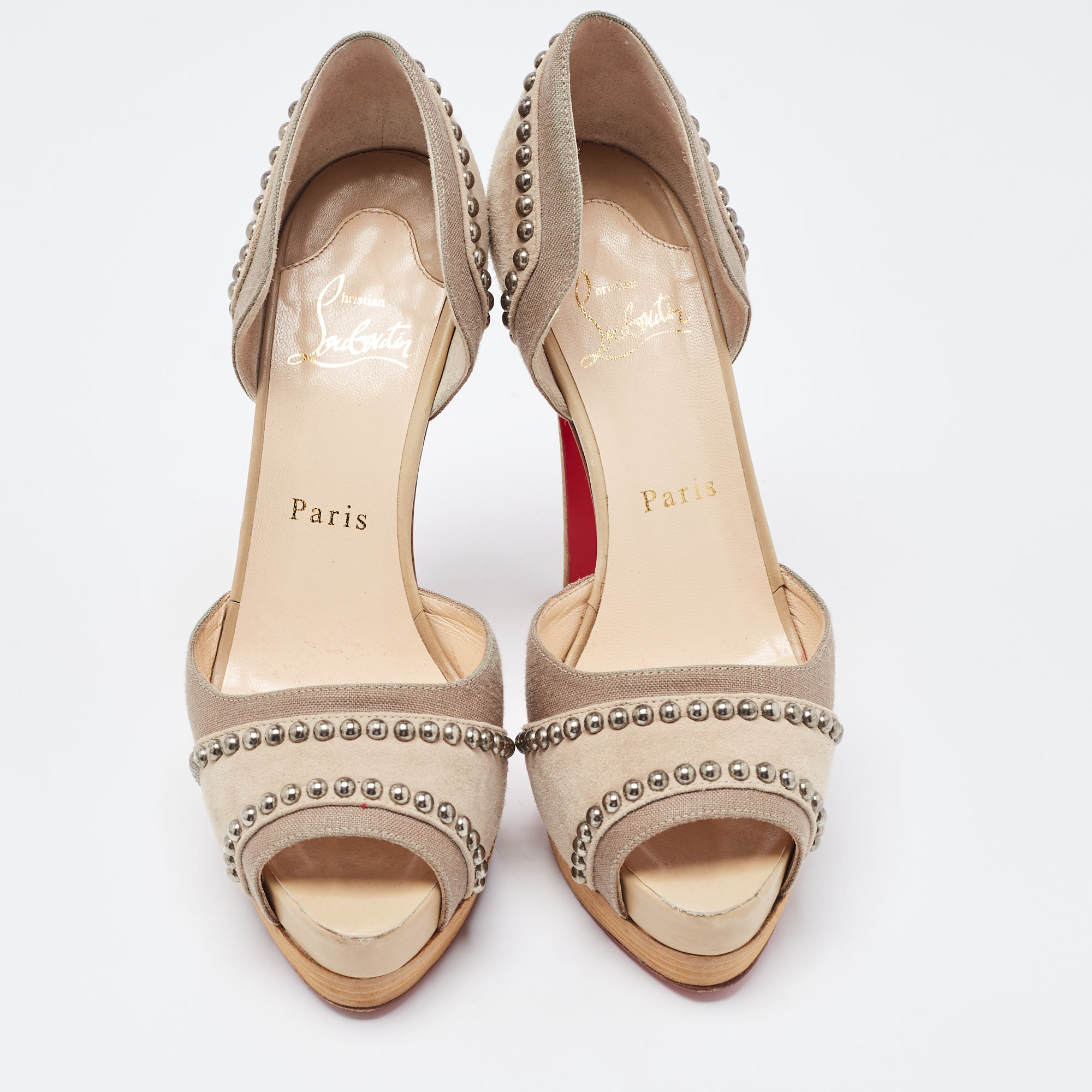 Christian Louboutin Two Tone Studded Suede And Canvas Peep Toe Platform D'orsay Pumps Size 36
