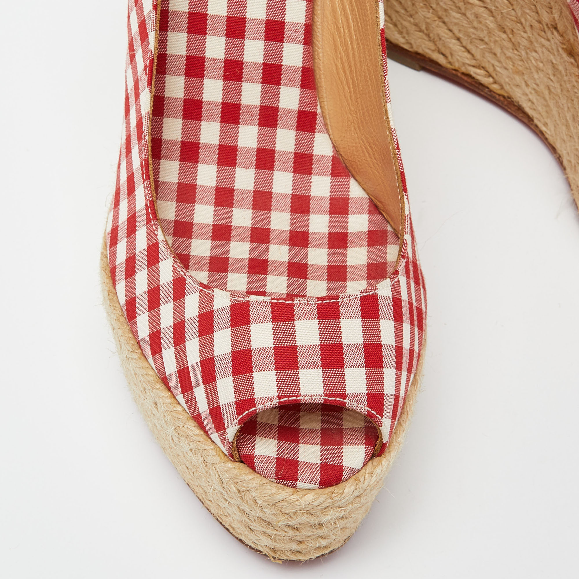 Christian Louboutin Red/White Gingham Fabric Menorca Espadrille Wedge Pumps Size 37