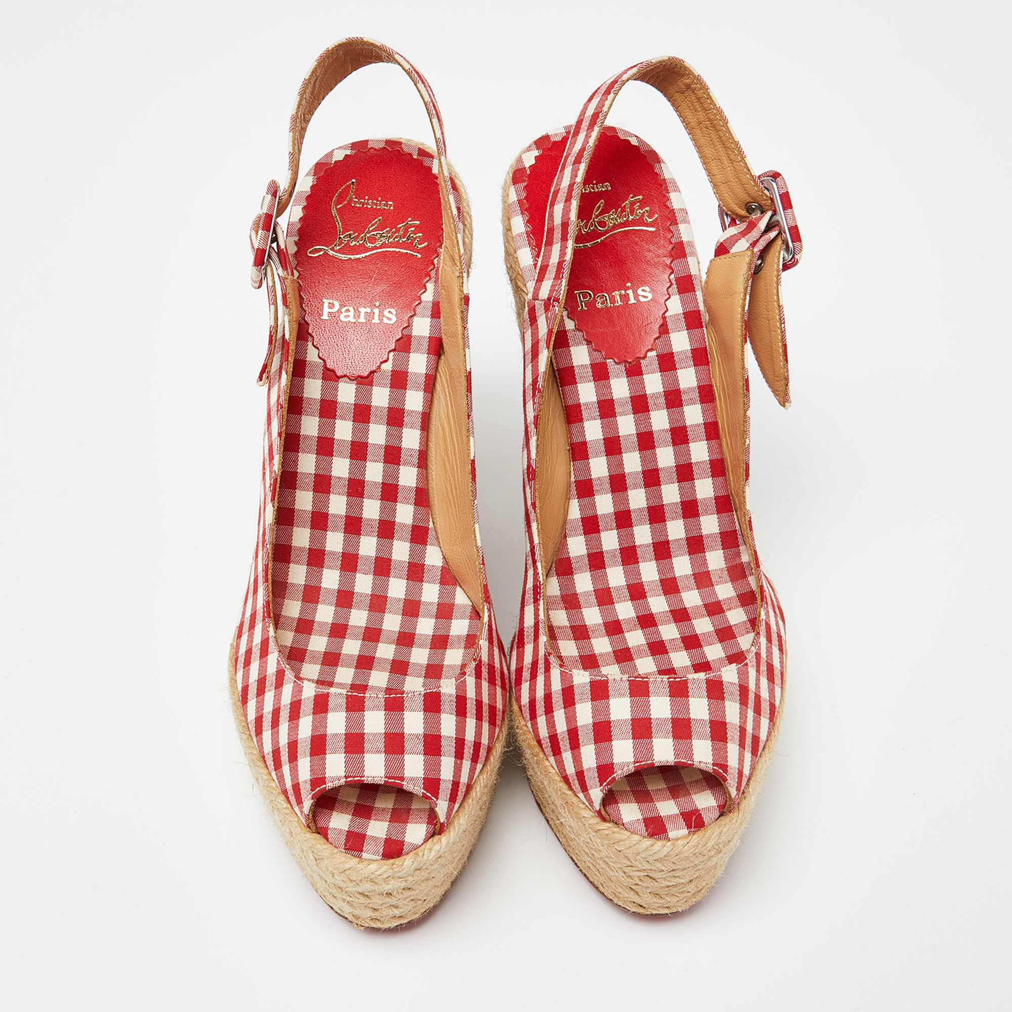 Christian Louboutin Red/White Gingham Fabric Menorca Espadrille Wedge Pumps Size 37