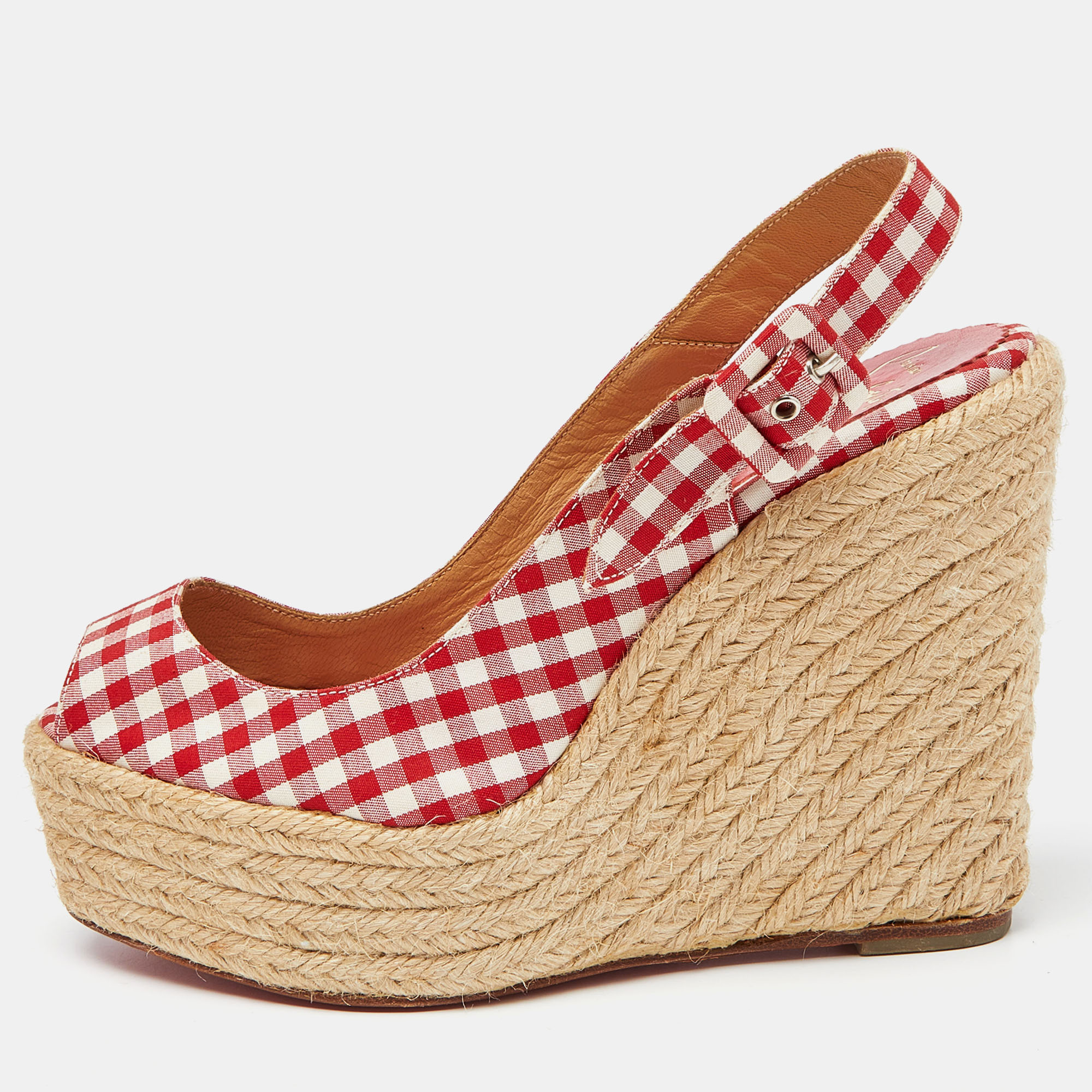 Christian Louboutin Red/White Gingham Fabric Menorca Espadrille Wedge Pumps Size 37