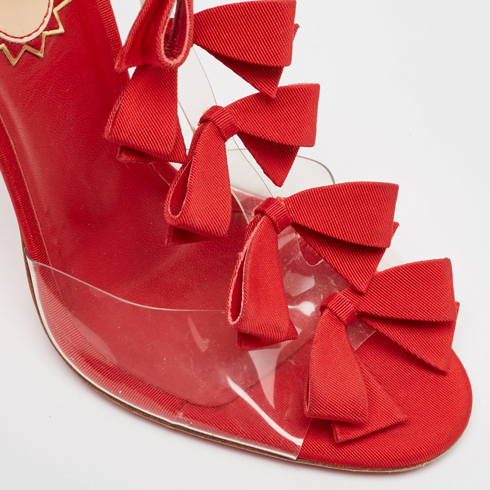 Christian Louboutin Red/Transparent Fabric And PVC Bow Bow Ankle Strap Sandals Size 39