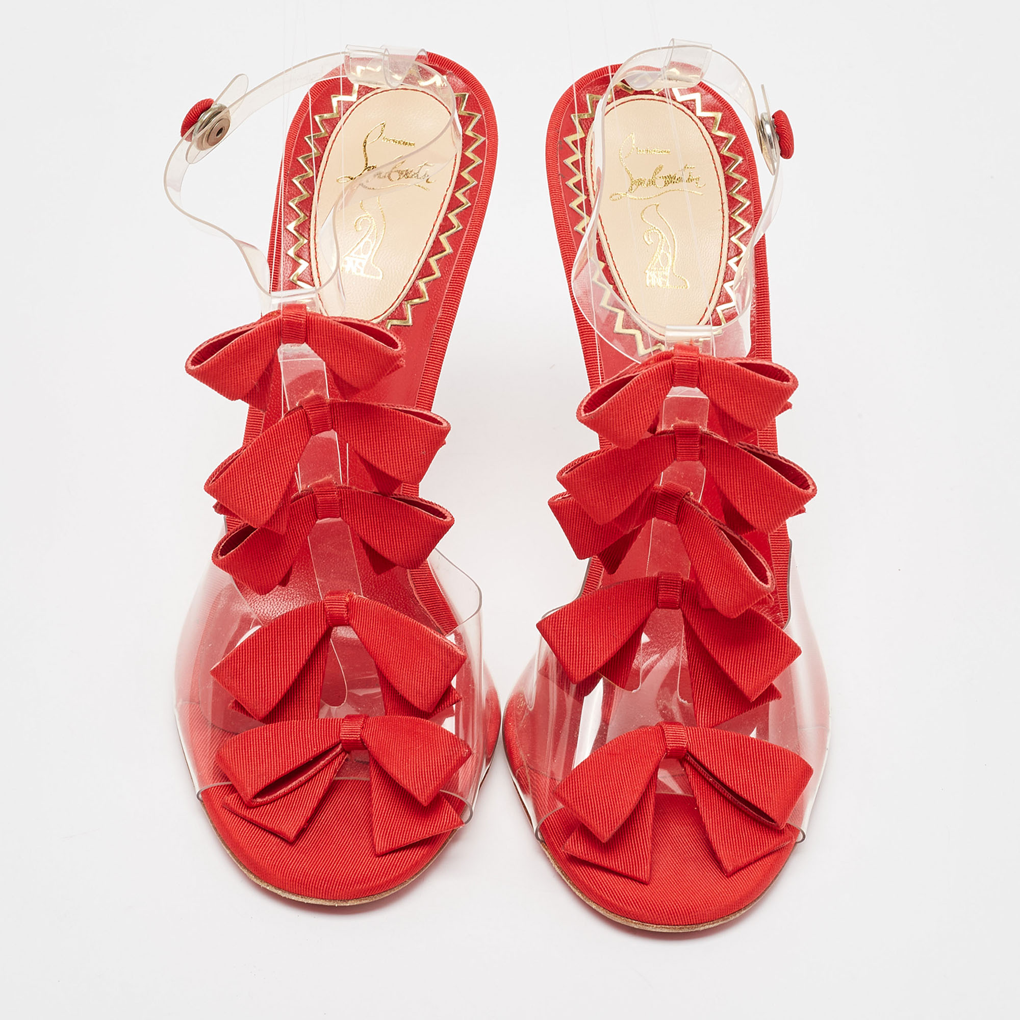 Christian Louboutin Red/Transparent Fabric And PVC Bow Bow Ankle Strap Sandals Size 39