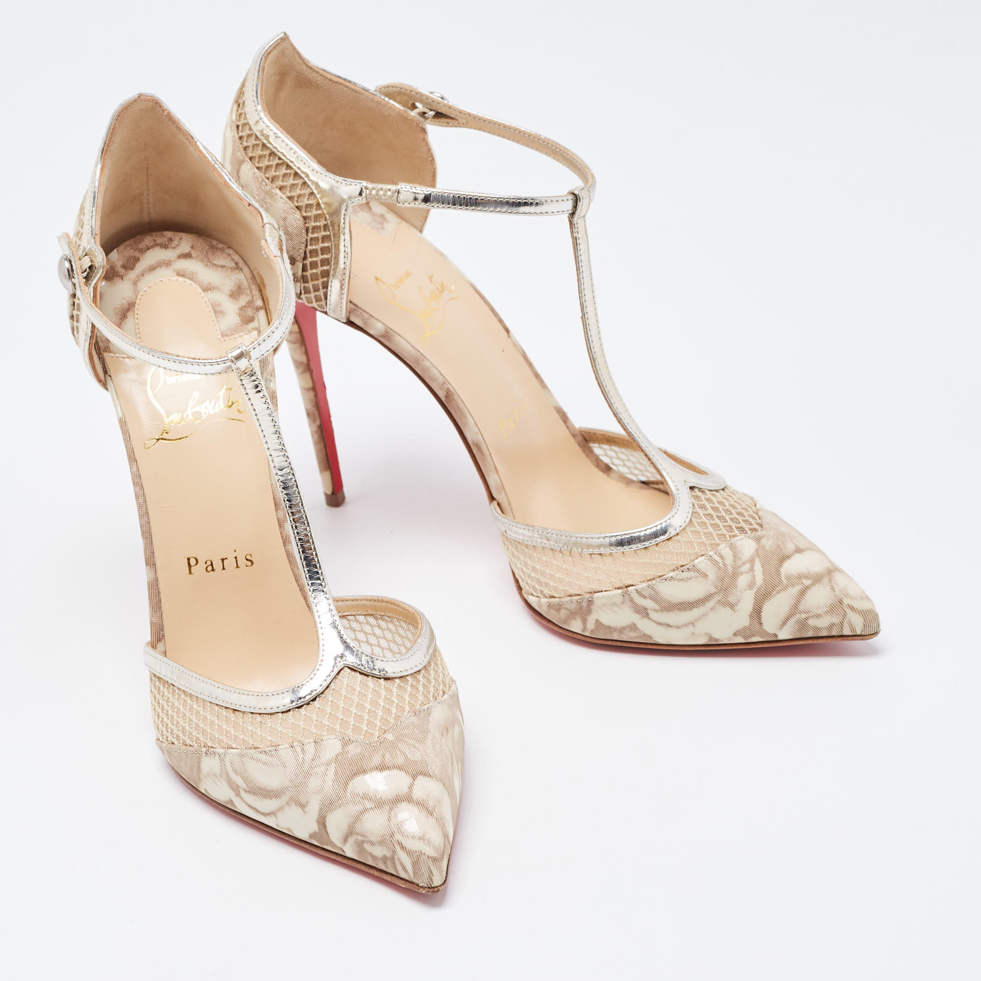 Christian Louboutin Beige Patent And Mesh Mrs.Early  Pumps Size 38.5