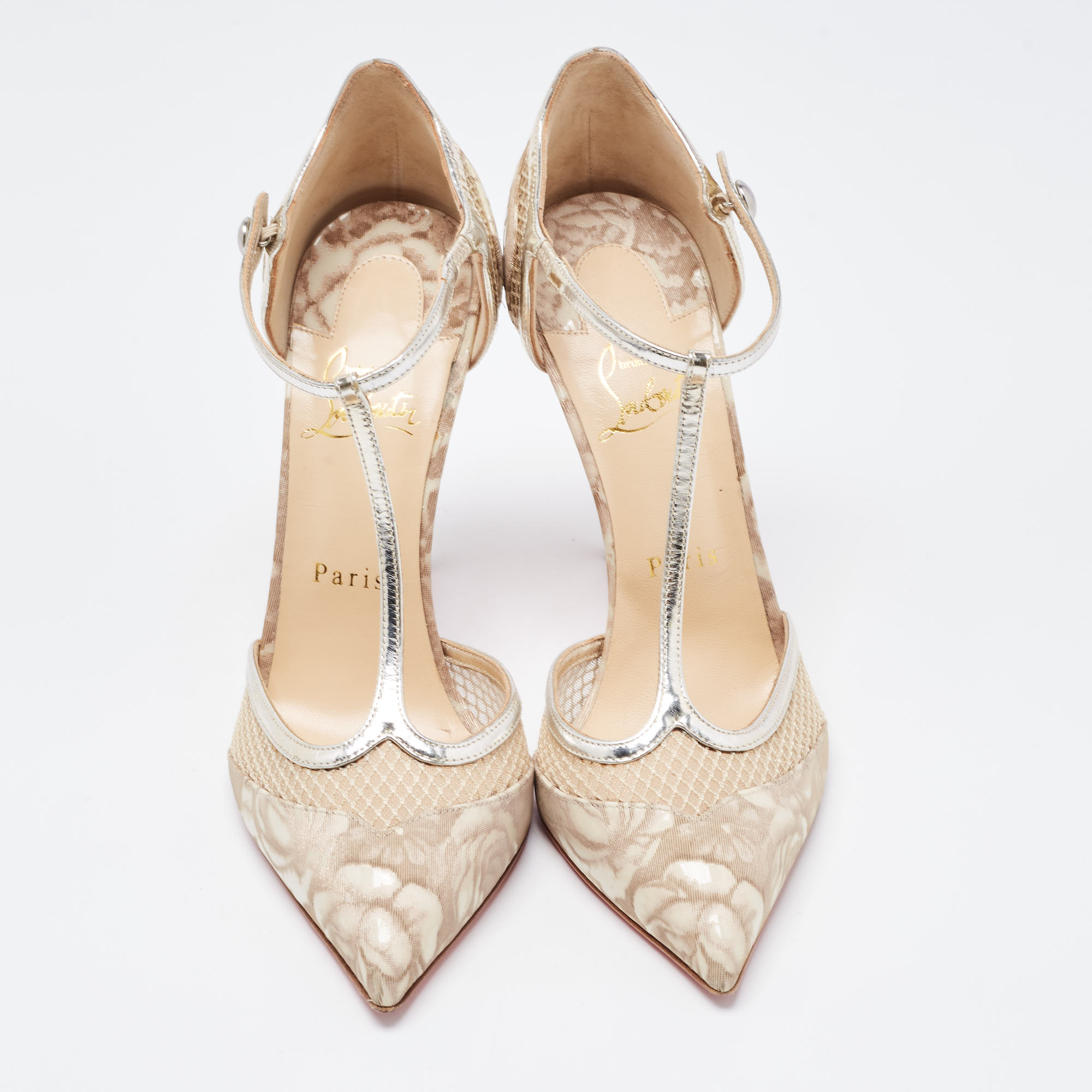 Christian Louboutin Beige Patent And Mesh Mrs.Early  Pumps Size 38.5