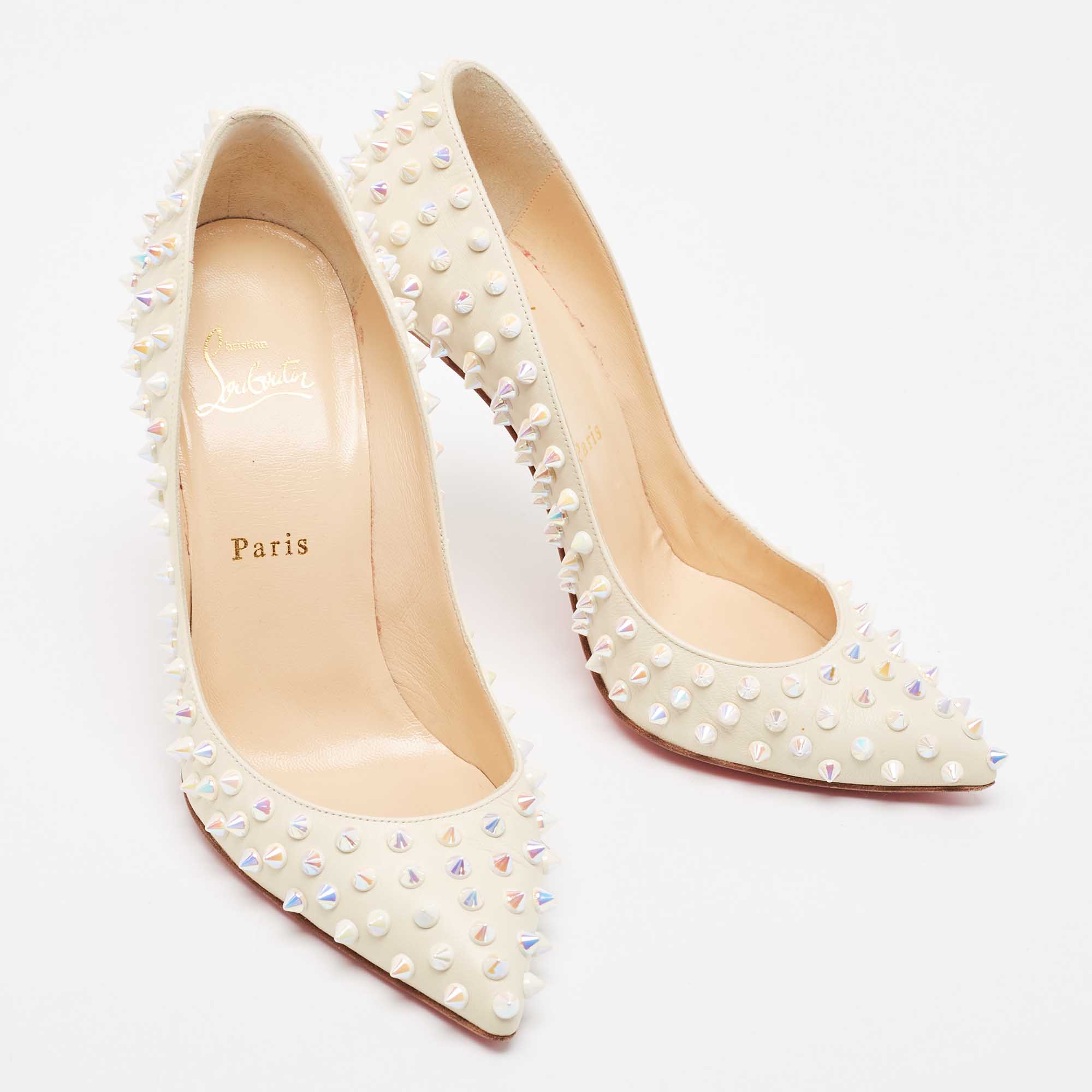 Christian Louboutin Cream Leather Follies Spikes Pointed Toe Pumps Size 38