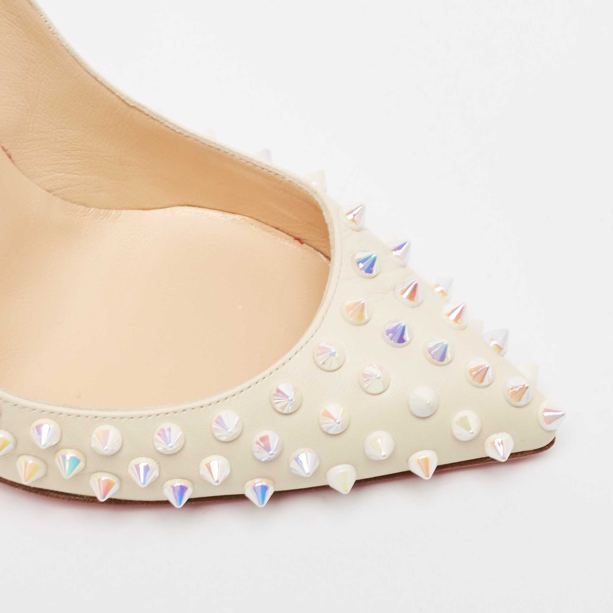 Christian Louboutin Cream Leather Follies Spikes Pointed Toe Pumps Size 38