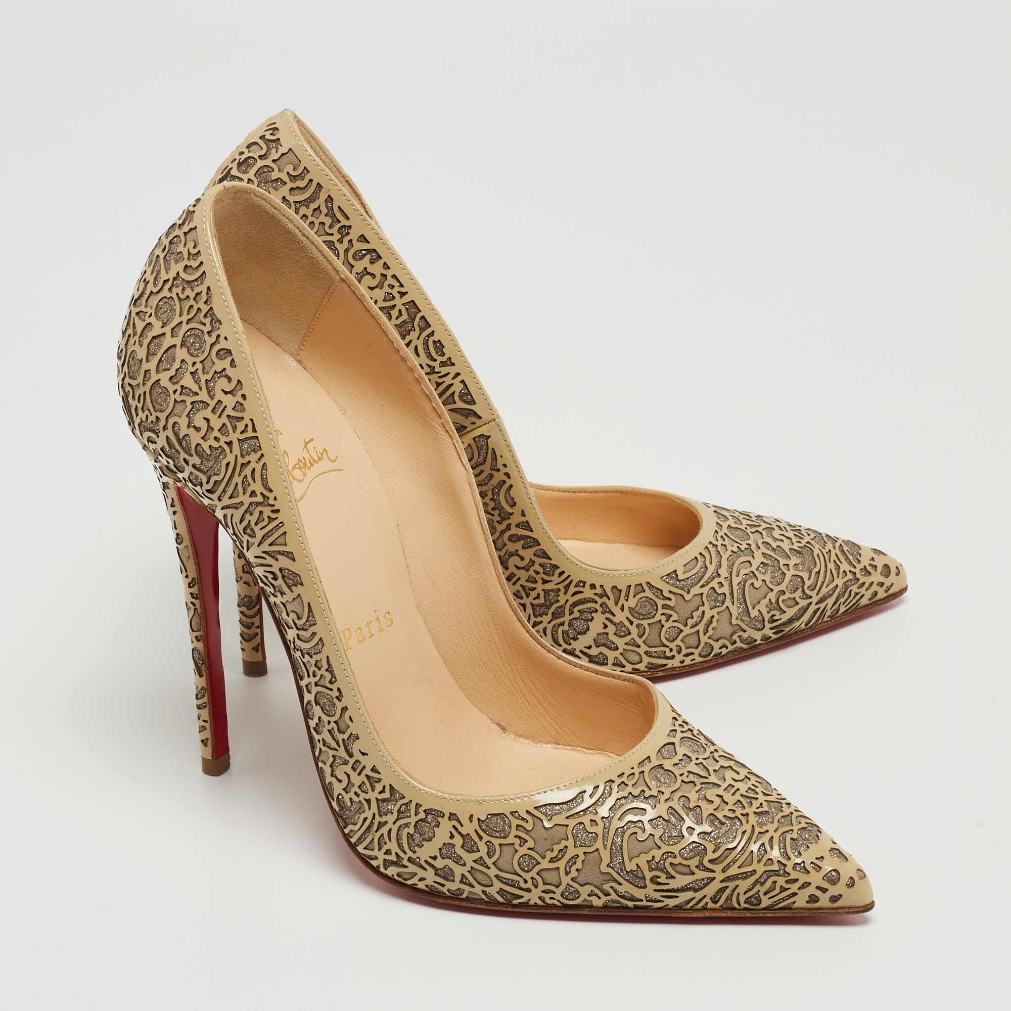 Christian Louboutin Two Tone Laser Cut Patent Leather And Glitter So Kate Pumps Size 37