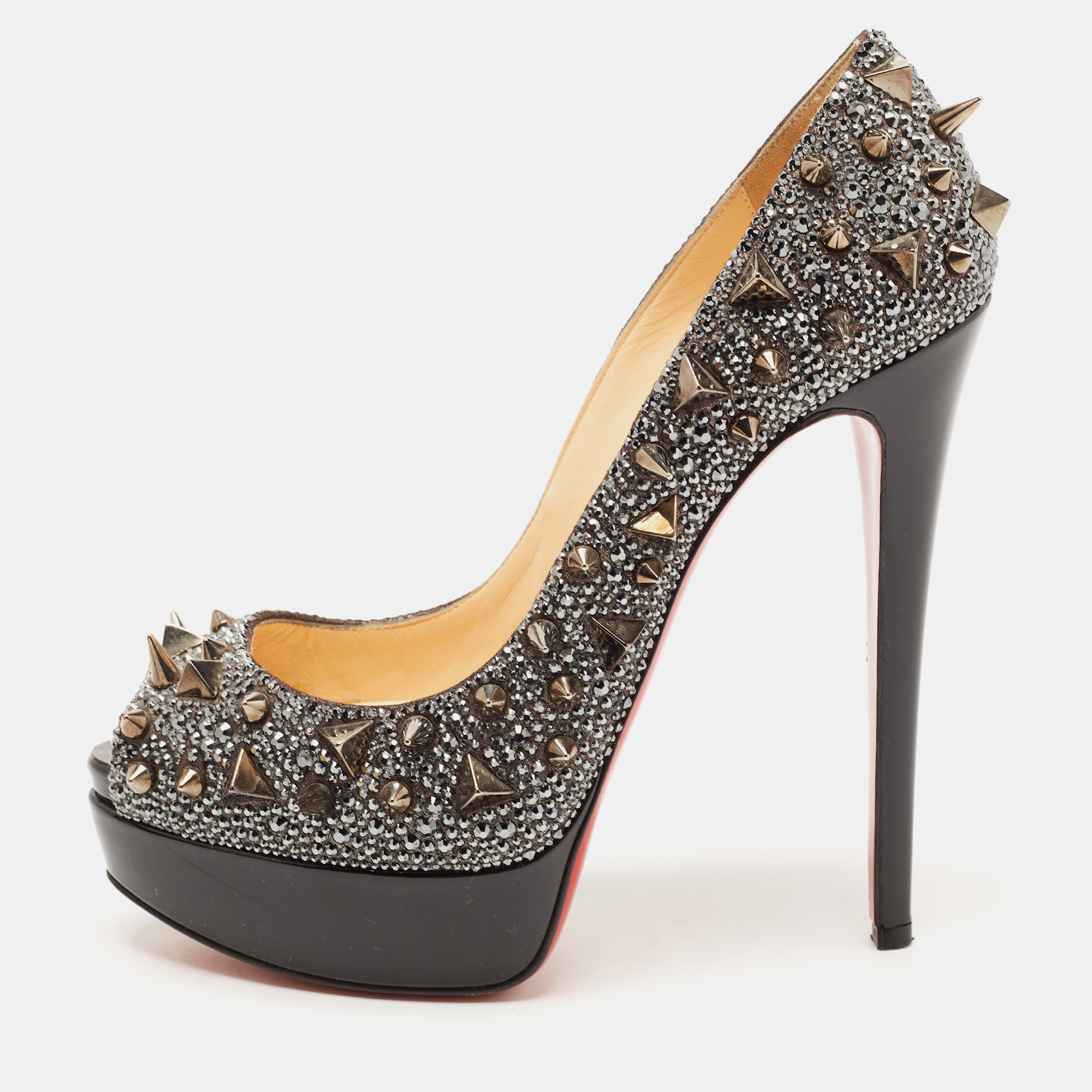 Christian Louboutin Metallic Crystal Embellished Leather Lady Peep Spikes Pumps Size 37.5