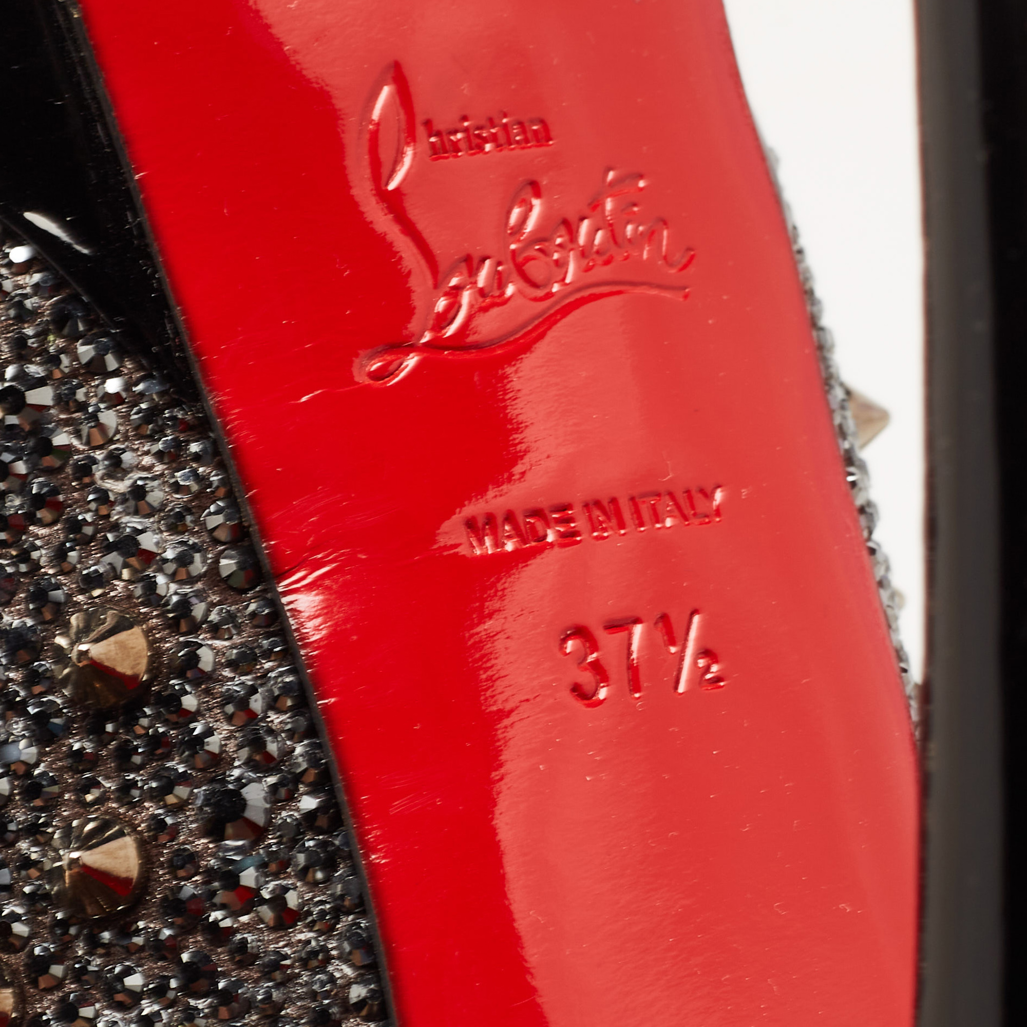 Christian Louboutin Metallic Crystal Embellished Leather Lady Peep Spikes Pumps Size 37.5