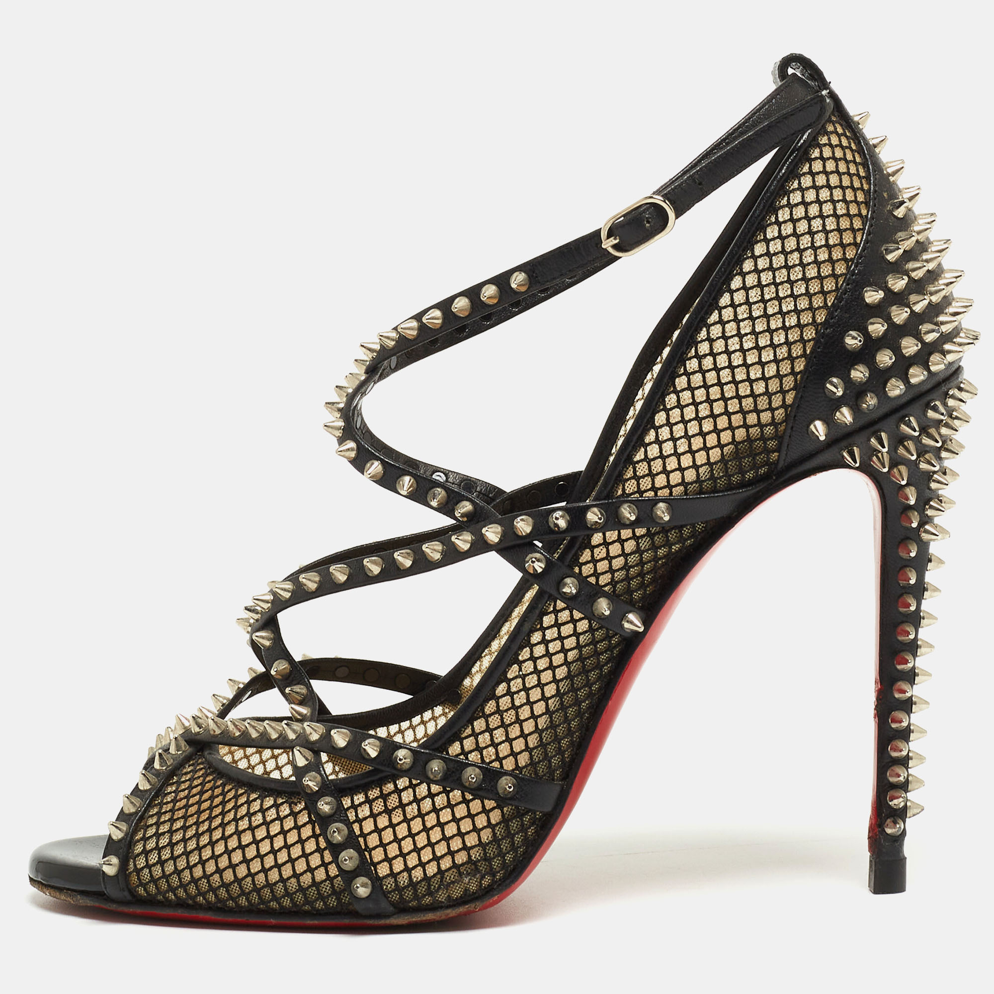 Christian Louboutin Black Leather And Mesh Spike Pumps Size 37
