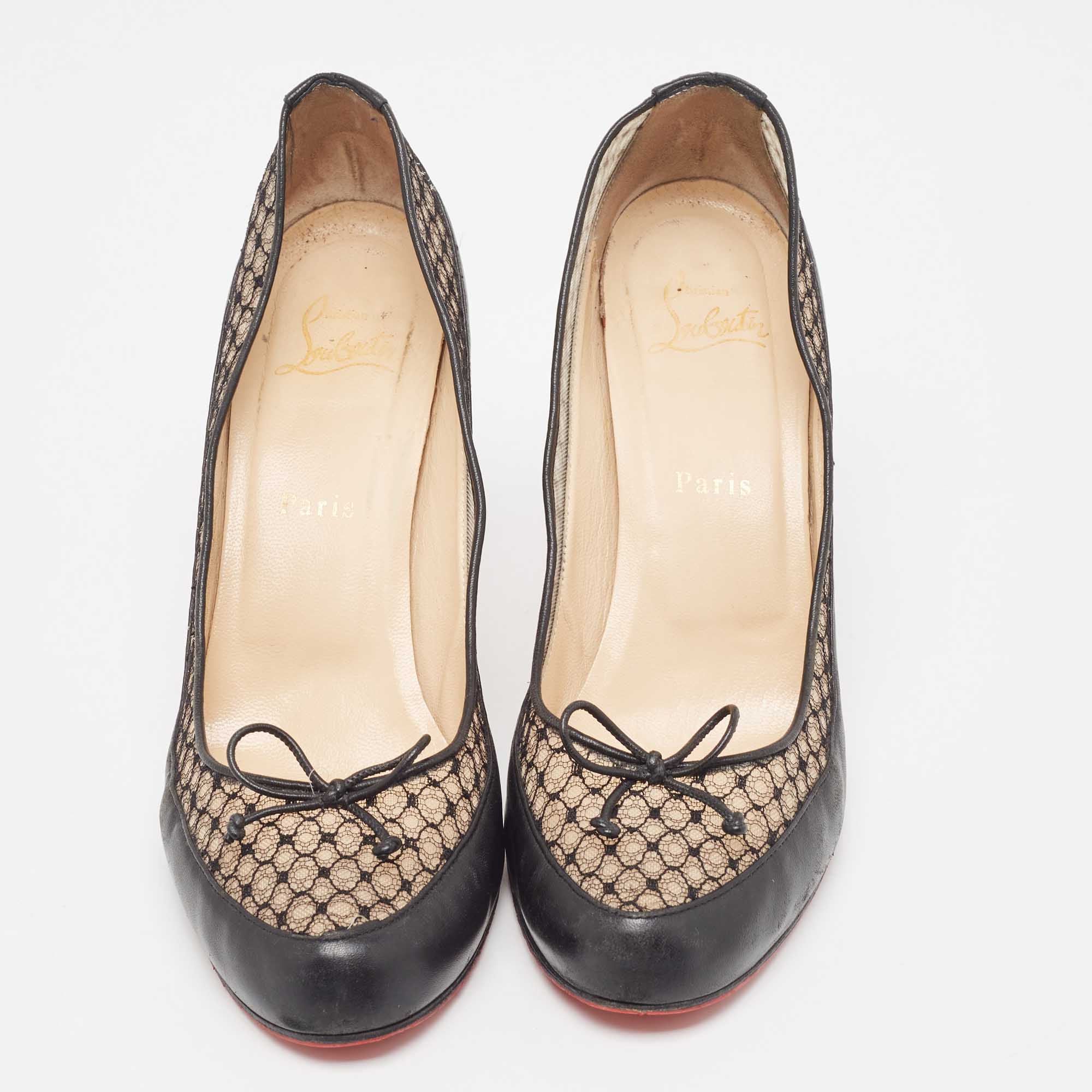 Christian Louboutin Black Leather And Lace Bow Pumps Size 40.5