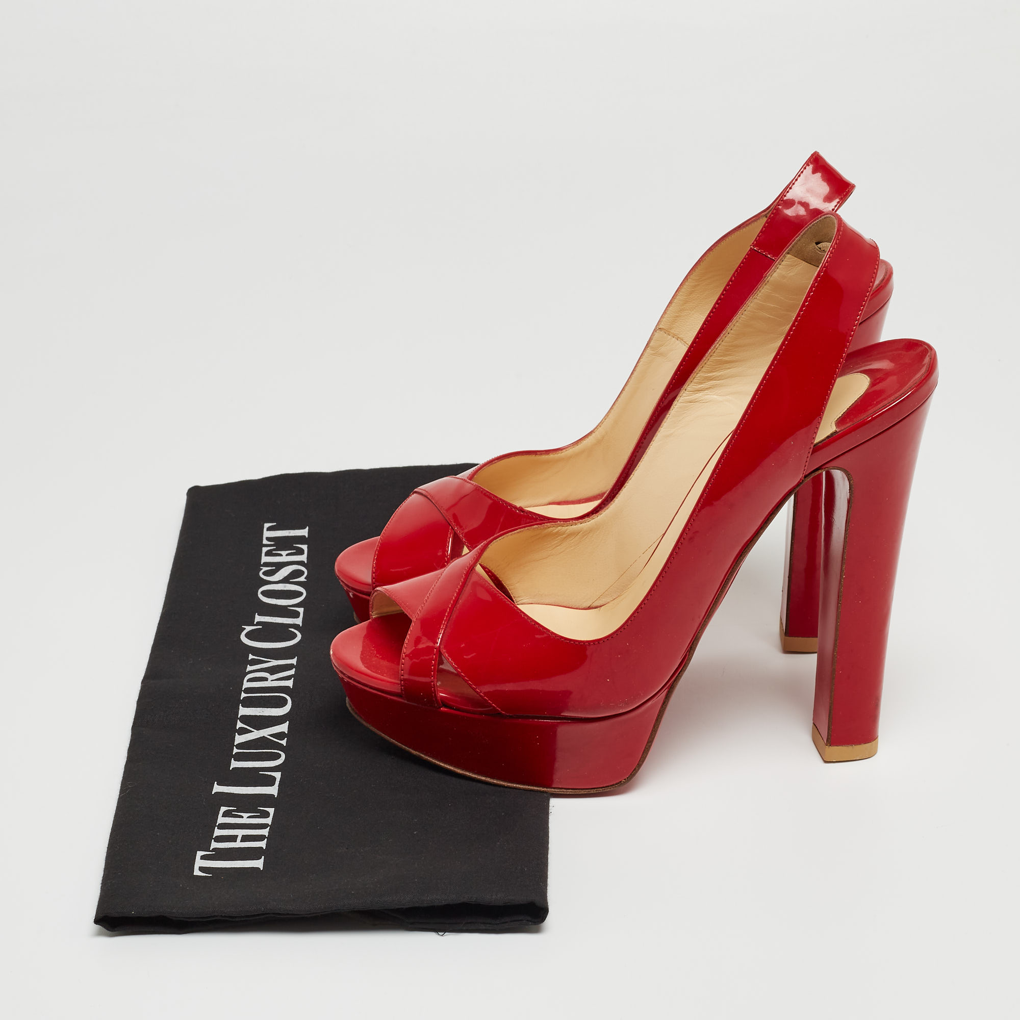 Christian Louboutin Red Patent Leather Marpoil Peep Toe Platform Slingback Sandals Size 37.5