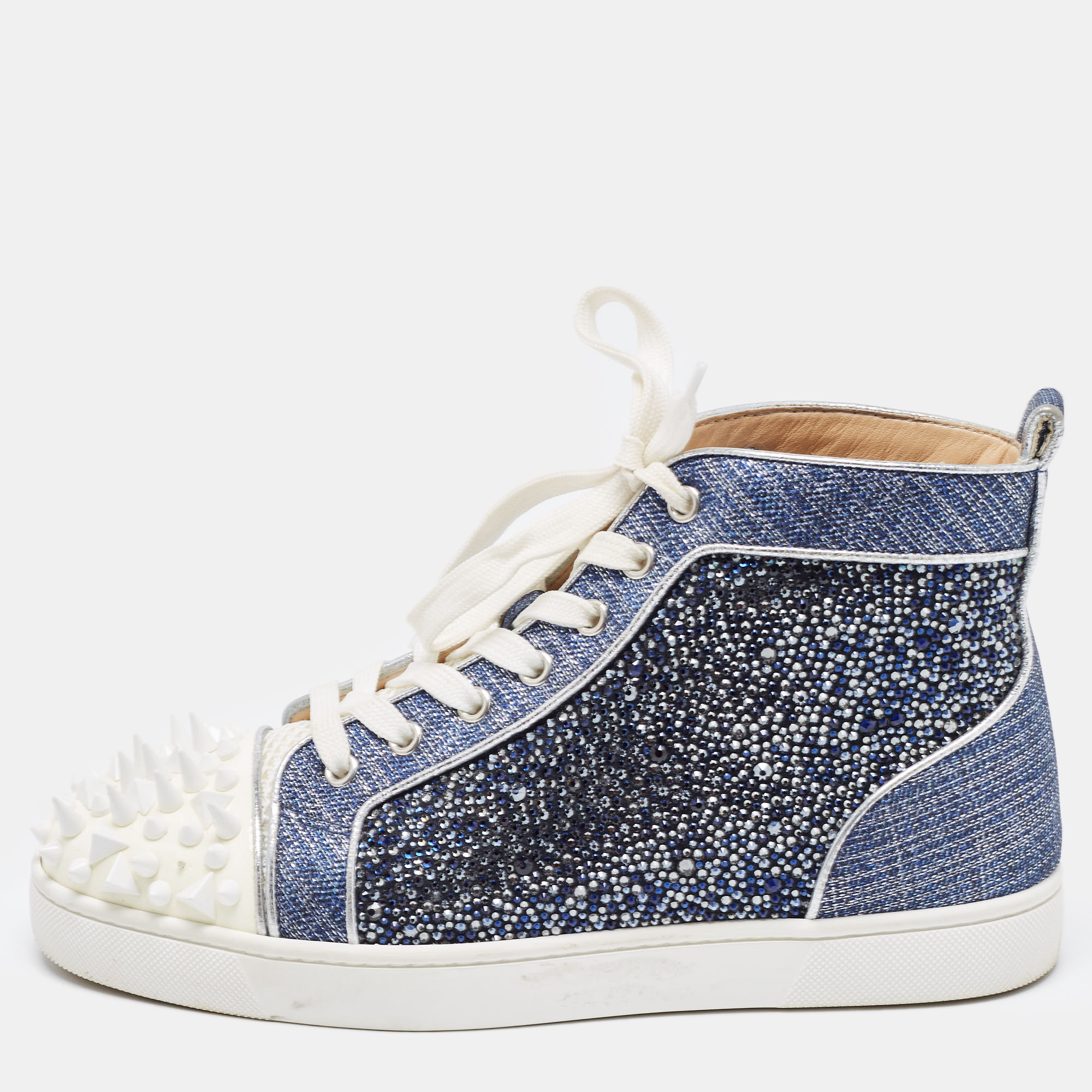 Christian louboutin blue/silver denim and patent lou degra spikes studded hi high top sneakers size 39