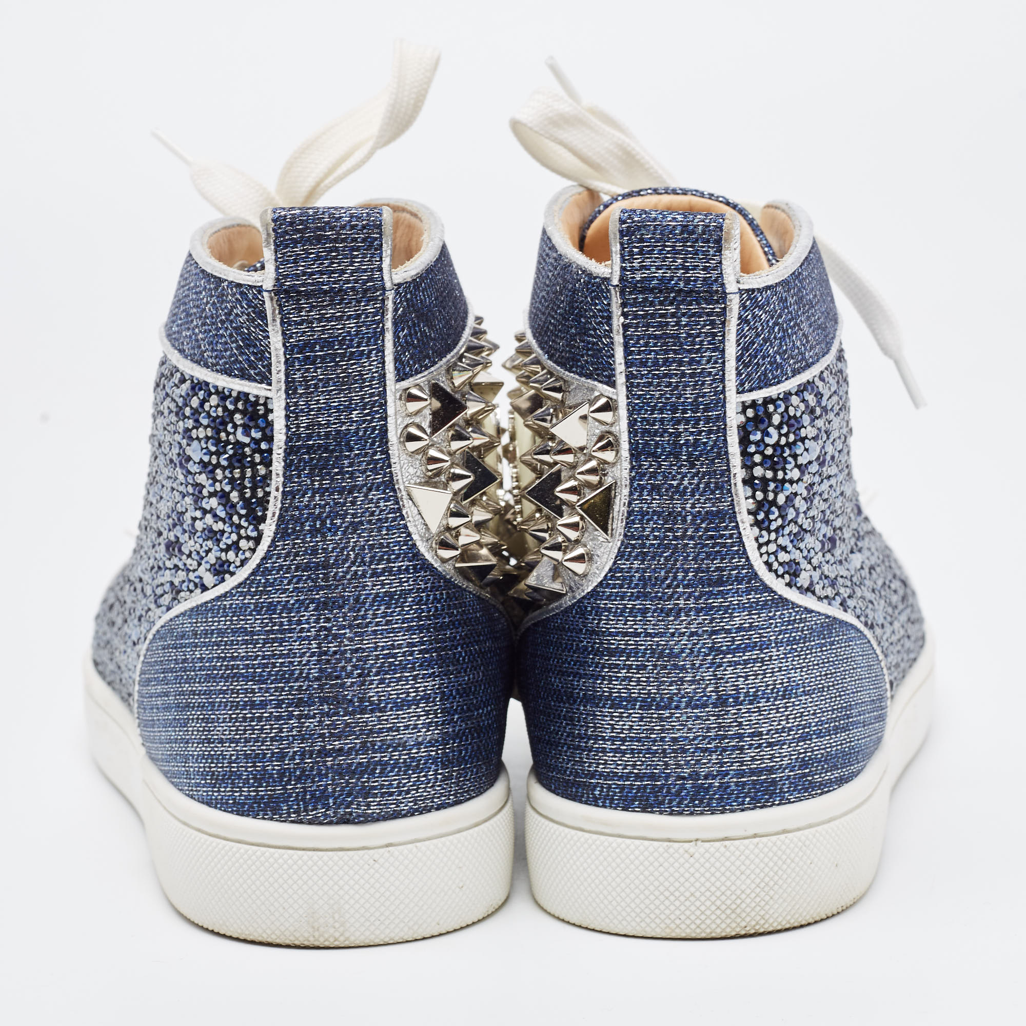 Christian Louboutin Blue/Silver Denim And Patent Lou Degra Spikes Studded Hi High Top Sneakers Size 39