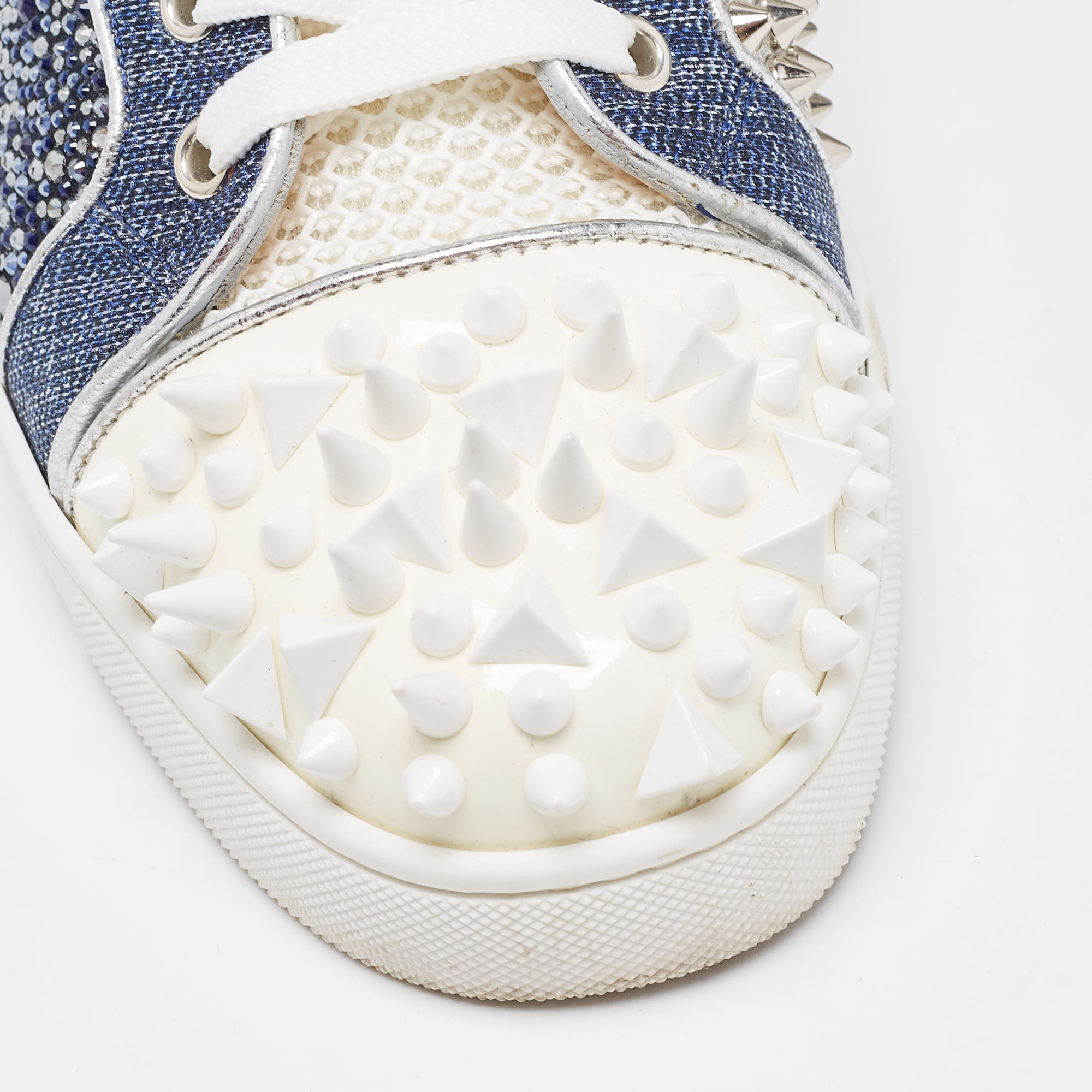 Christian Louboutin Blue/Silver Denim And Patent Lou Degra Spikes Studded Hi High Top Sneakers Size 39