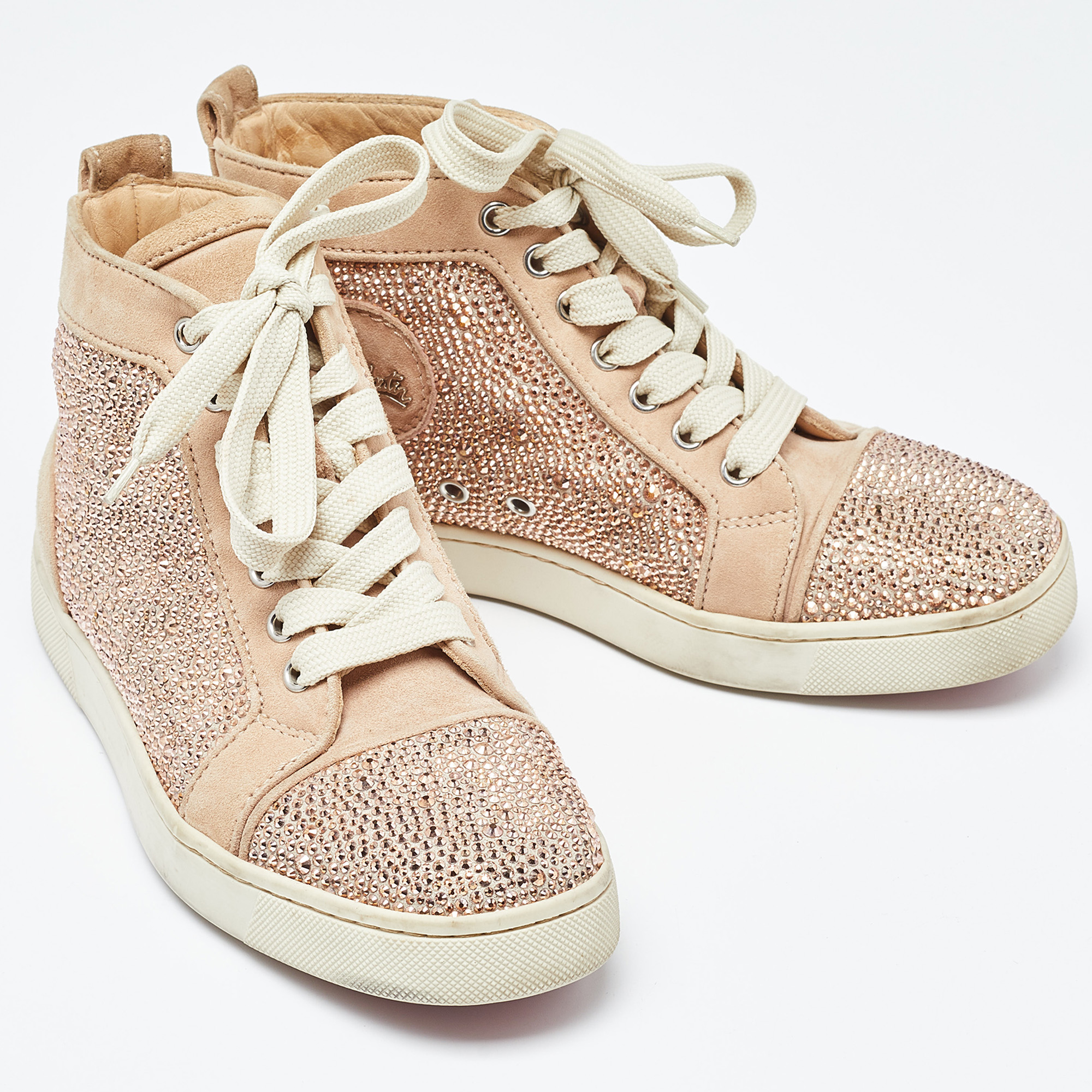 Christian Louboutin Beige Suede Embellished High Top Sneakers Size 37.5