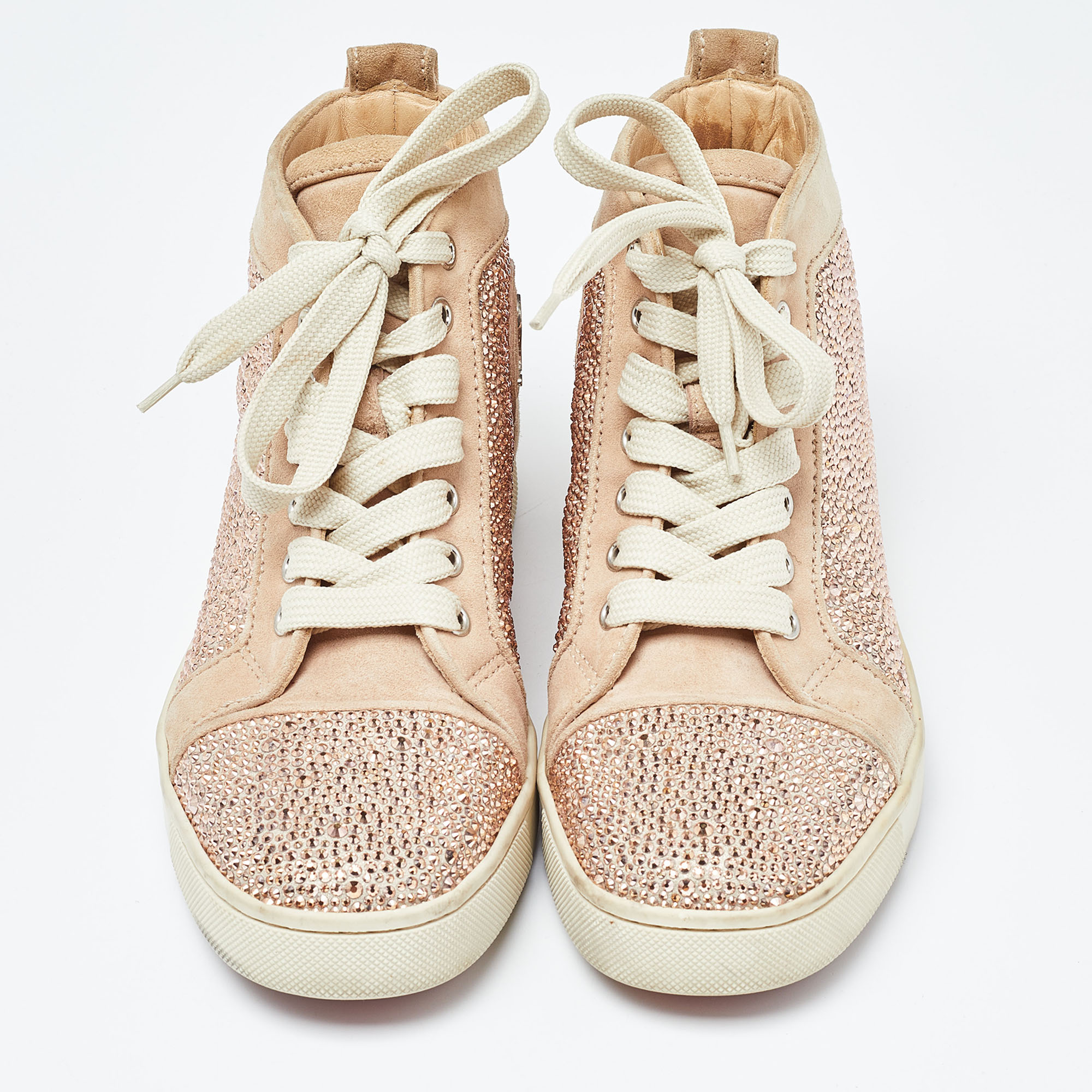 Christian Louboutin Beige Suede Embellished High Top Sneakers Size 37.5