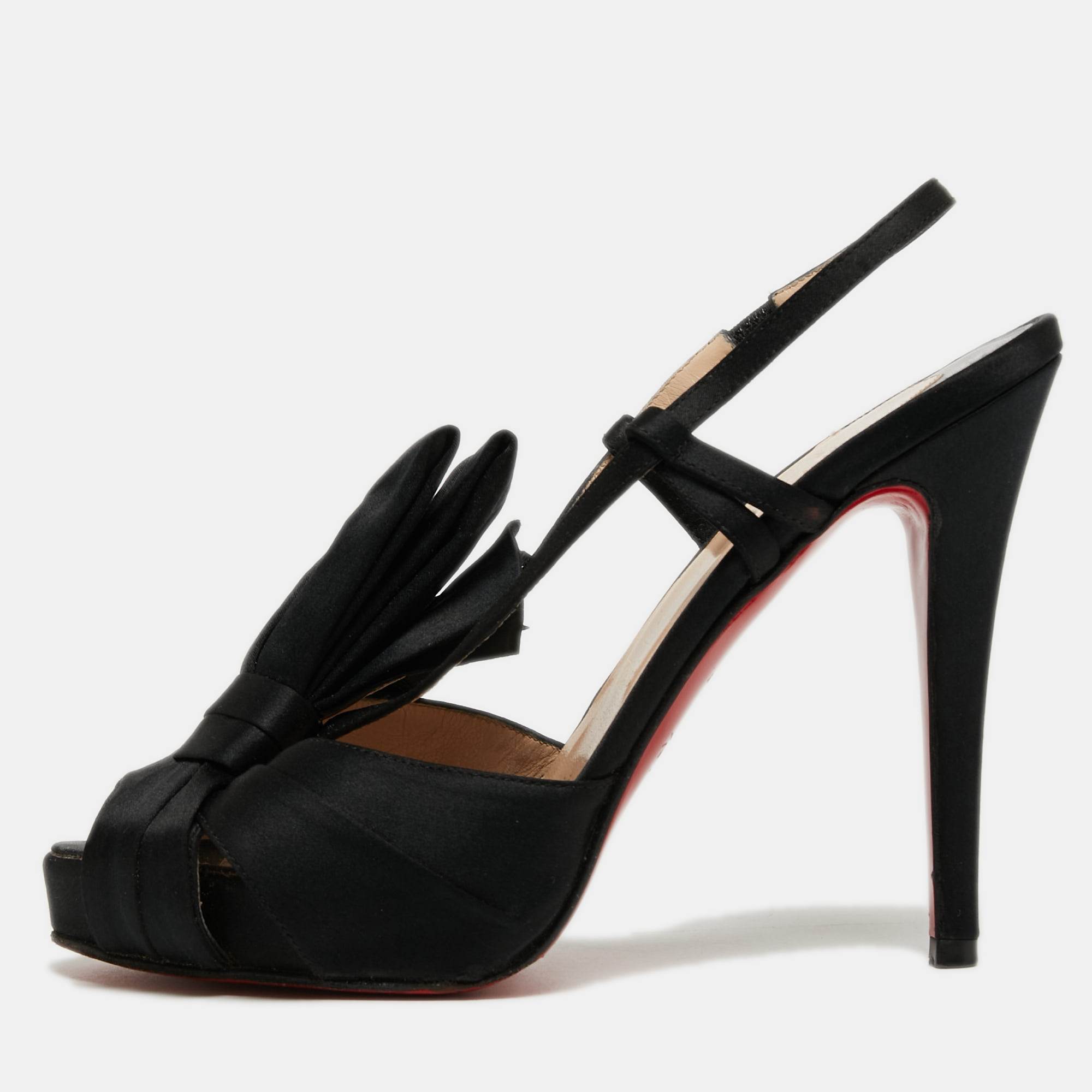 Christian louboutin black satin bow slingback sandals size 37.5