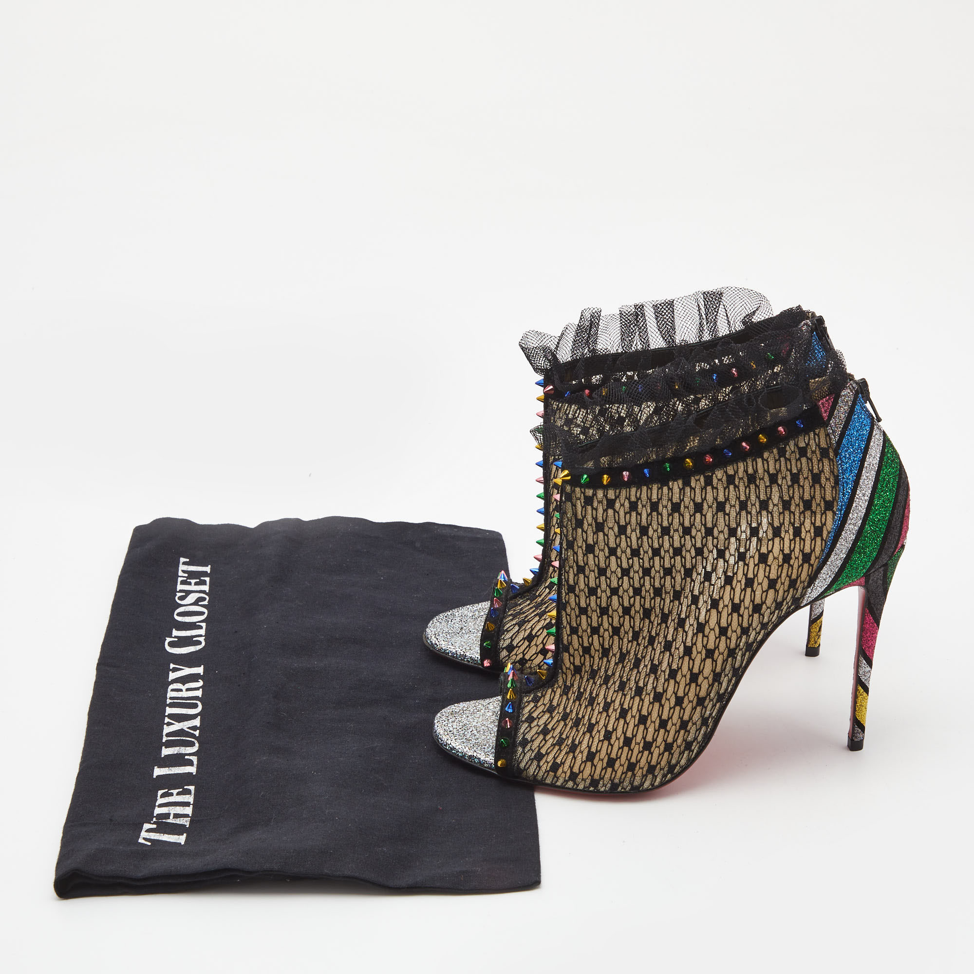 Christian Louboutin Multicolor Mesh And Lace Juliettra Ankle Boots Size 37