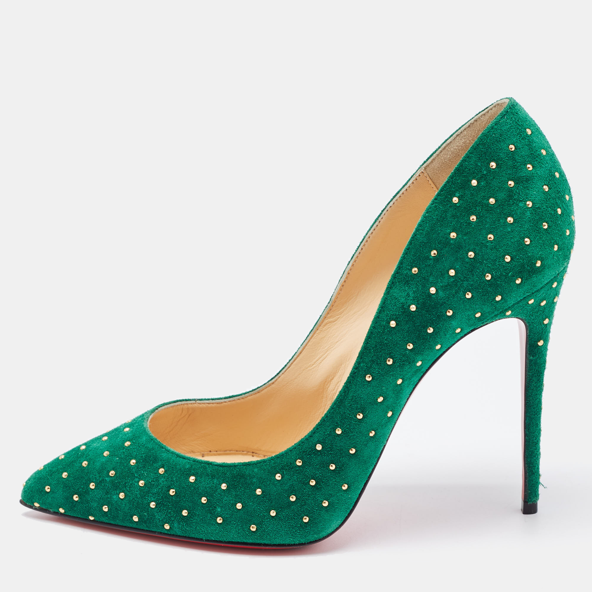 Christian louboutin green suede pigalle plume pumps size 37