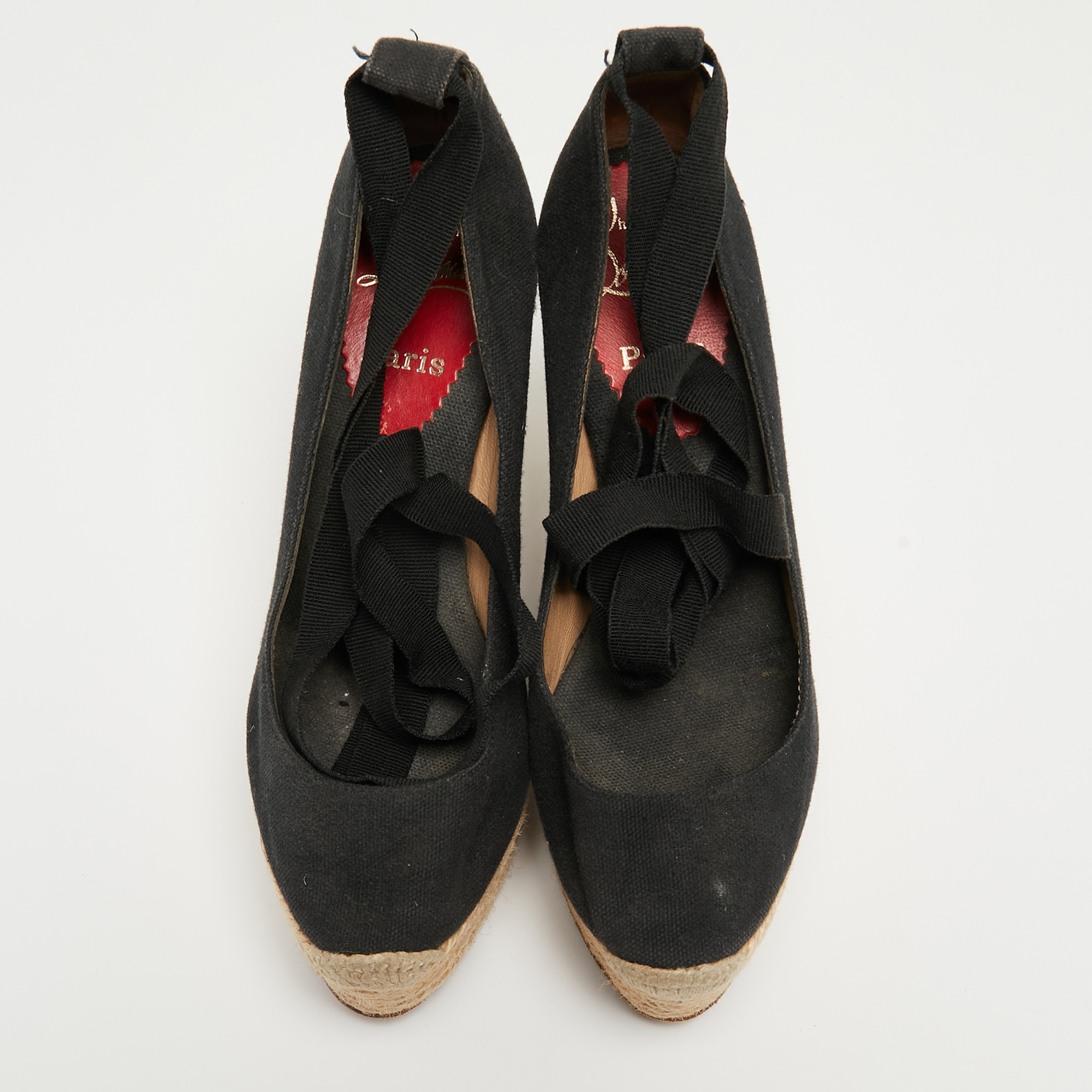 Christian Louboutin Black Canvas Formentera Espadrille Wedge Sandals Size 36