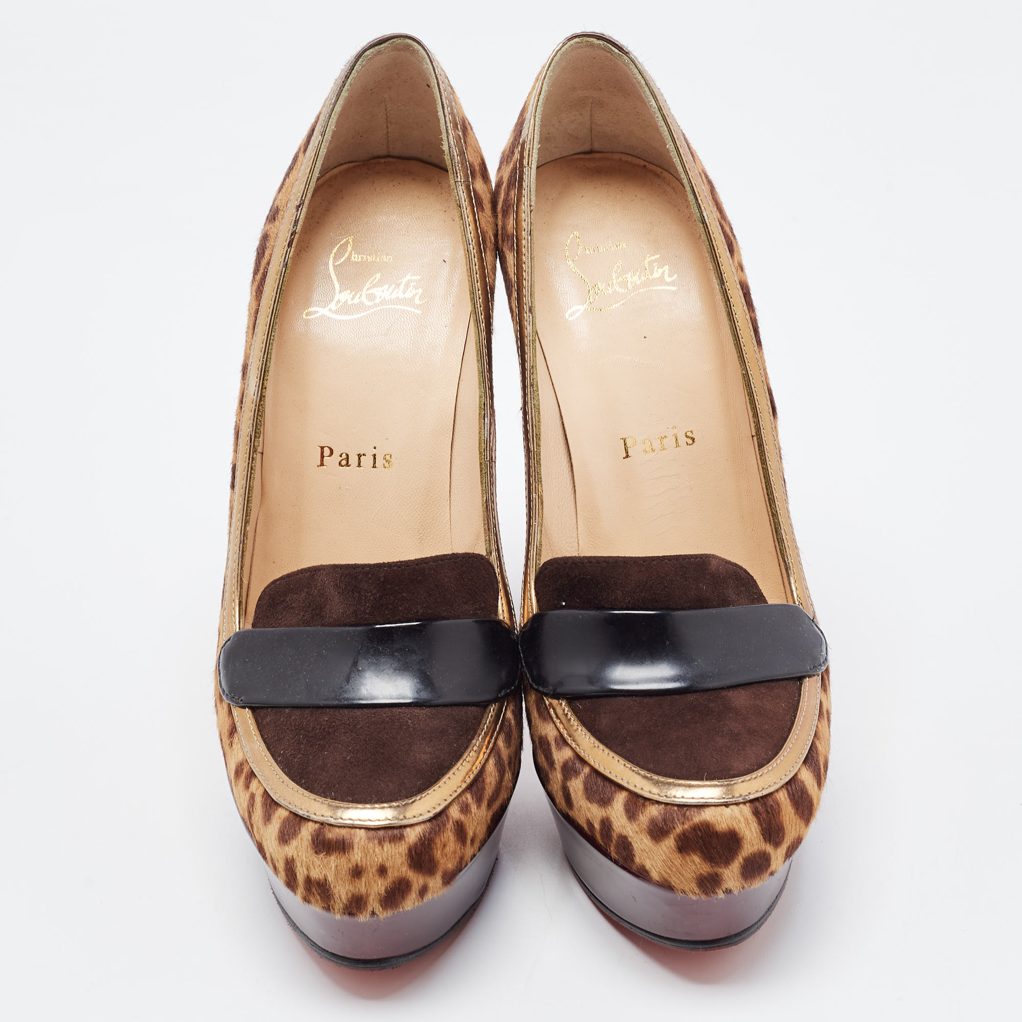 Christian Louboutin Tricolor Animal Print Calf Hair And Suede Platform Loafer Pumps Size 36