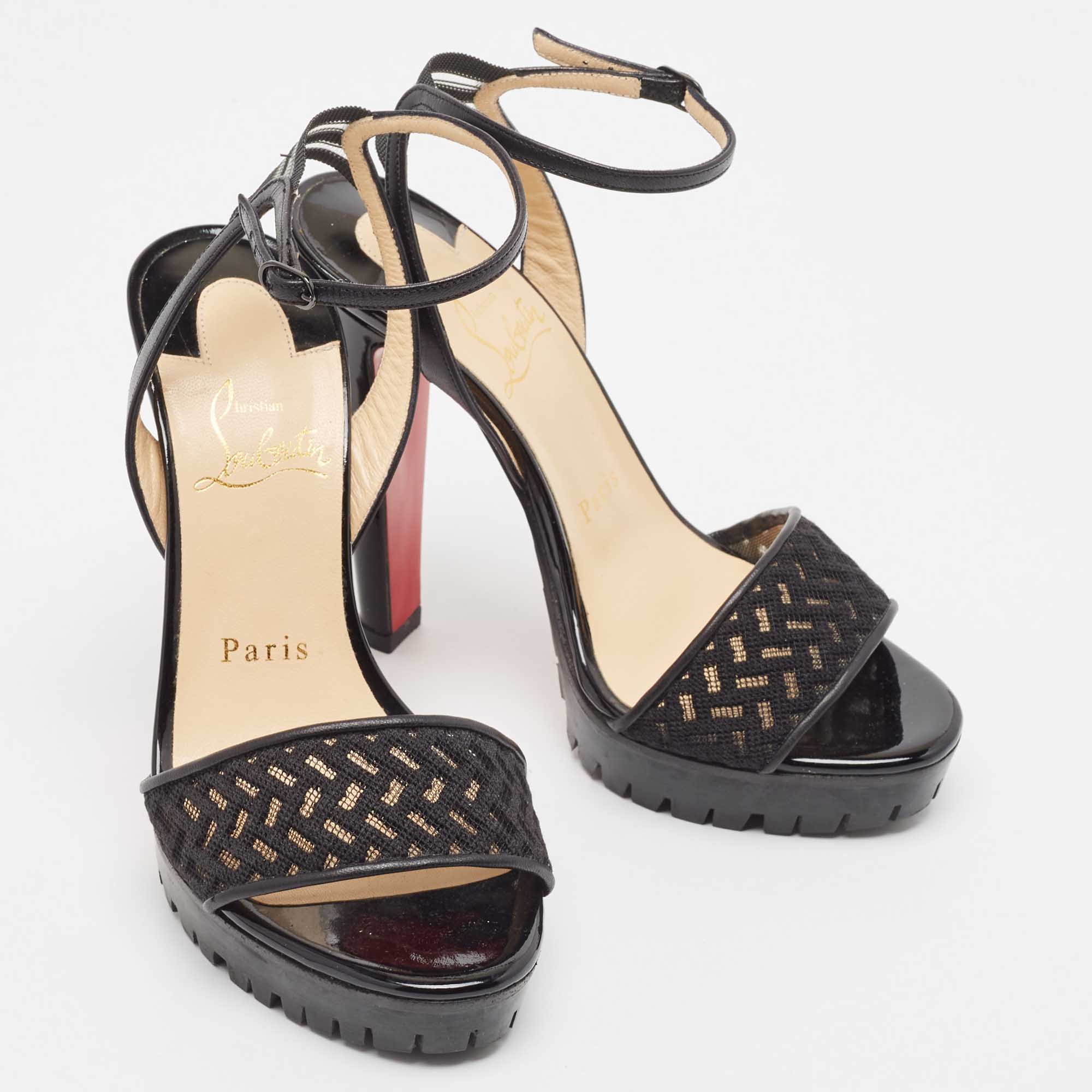 Christian Louboutin Black Leather And Lace Volumetric Ankle Strap Sandals Size 35