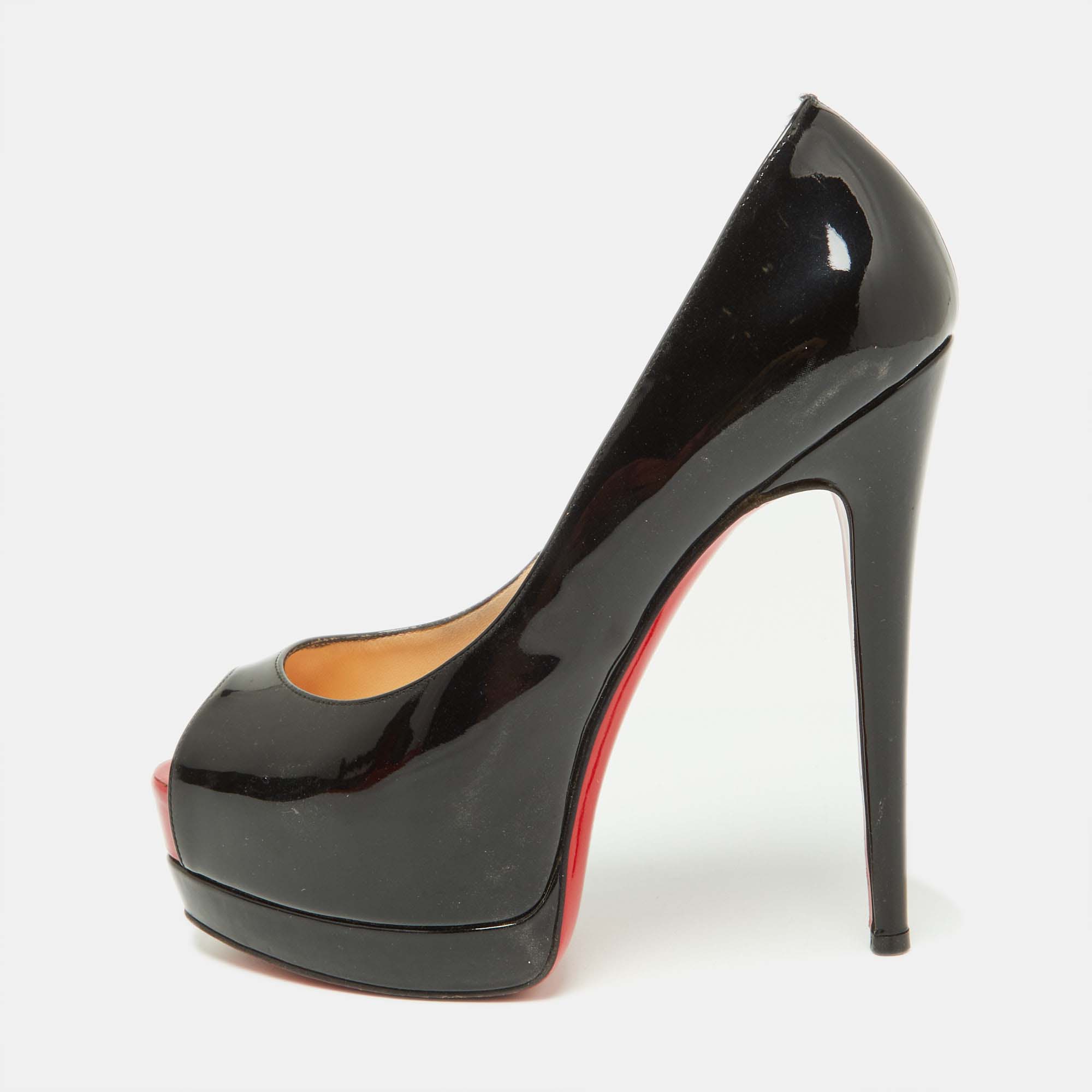 Christian Louboutin Black Patent Leather Very Prive Peep Toe Pumps Size 36