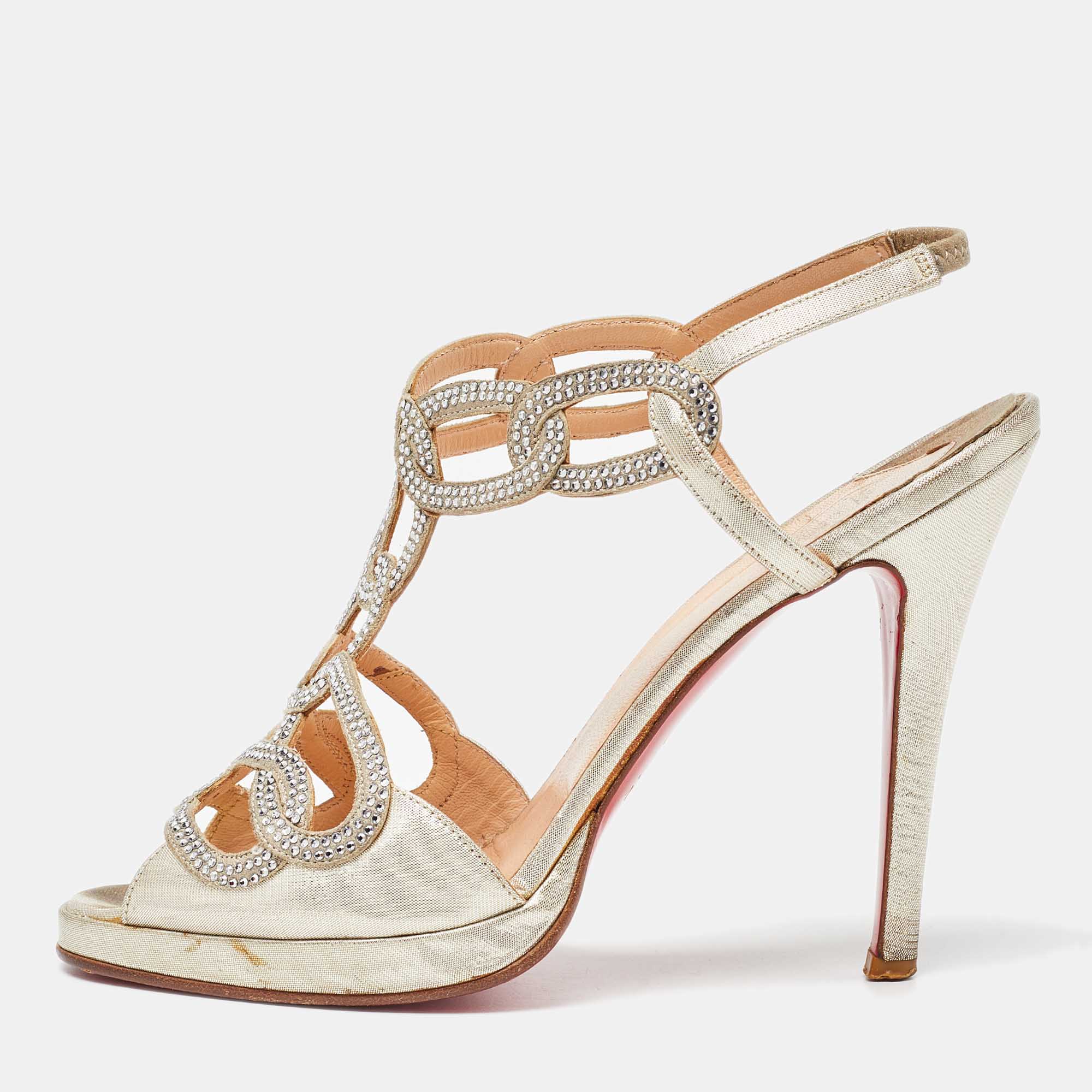 Christian Louboutin Gold Lurex Fabric Crystal Embellished Ankle Strap Sandals Size 38