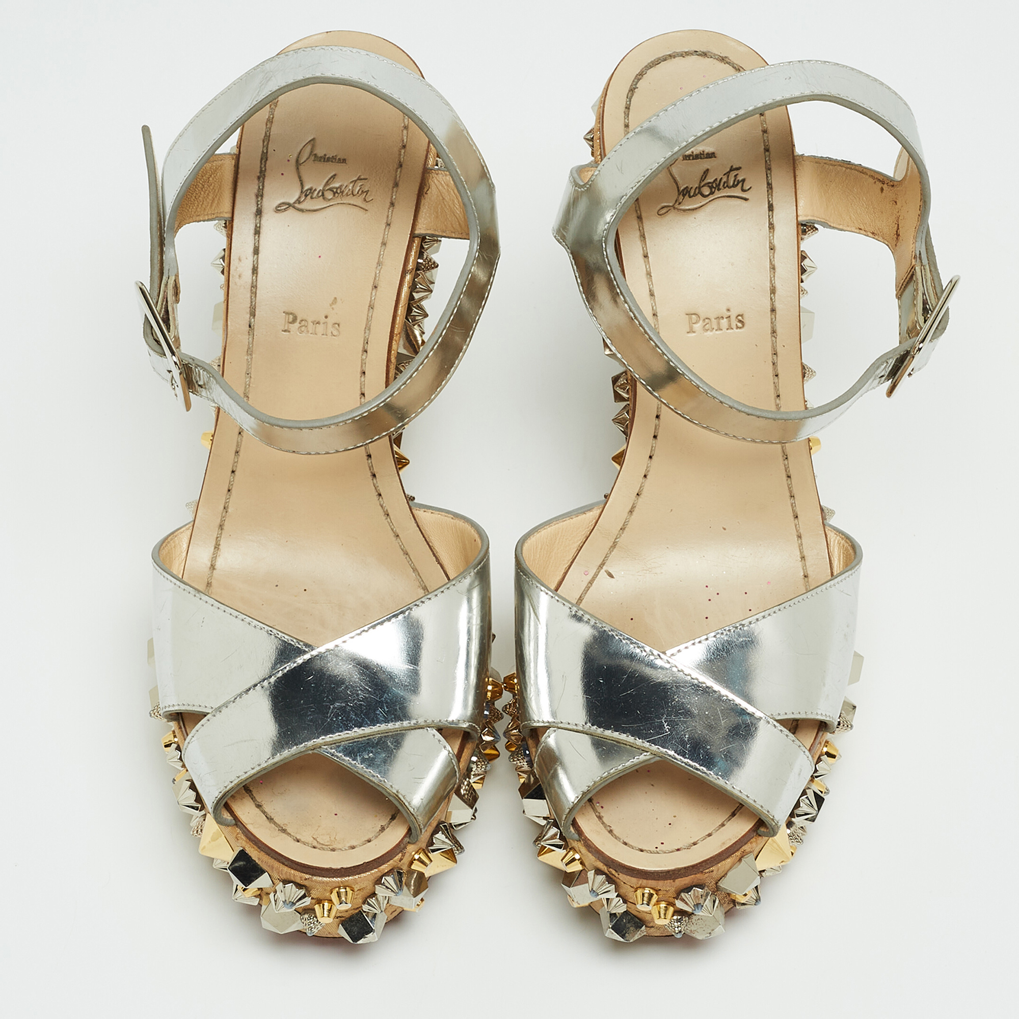 Christian Louboutin Silver Leather Almeria Wedge Sandals Size 37