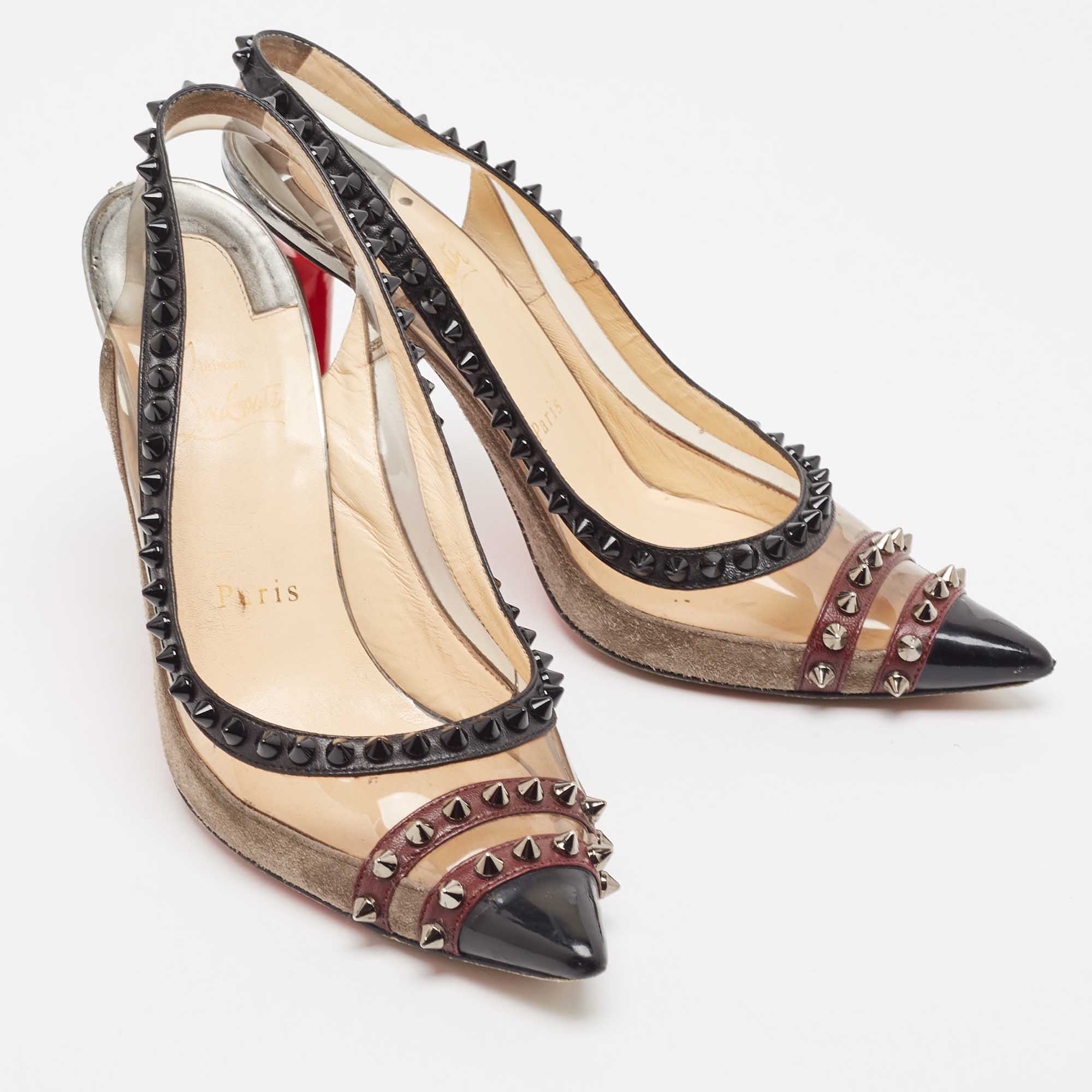 Christian Louboutin Tricolor Leather And PVC Spiked Slingback Pumps Size 37