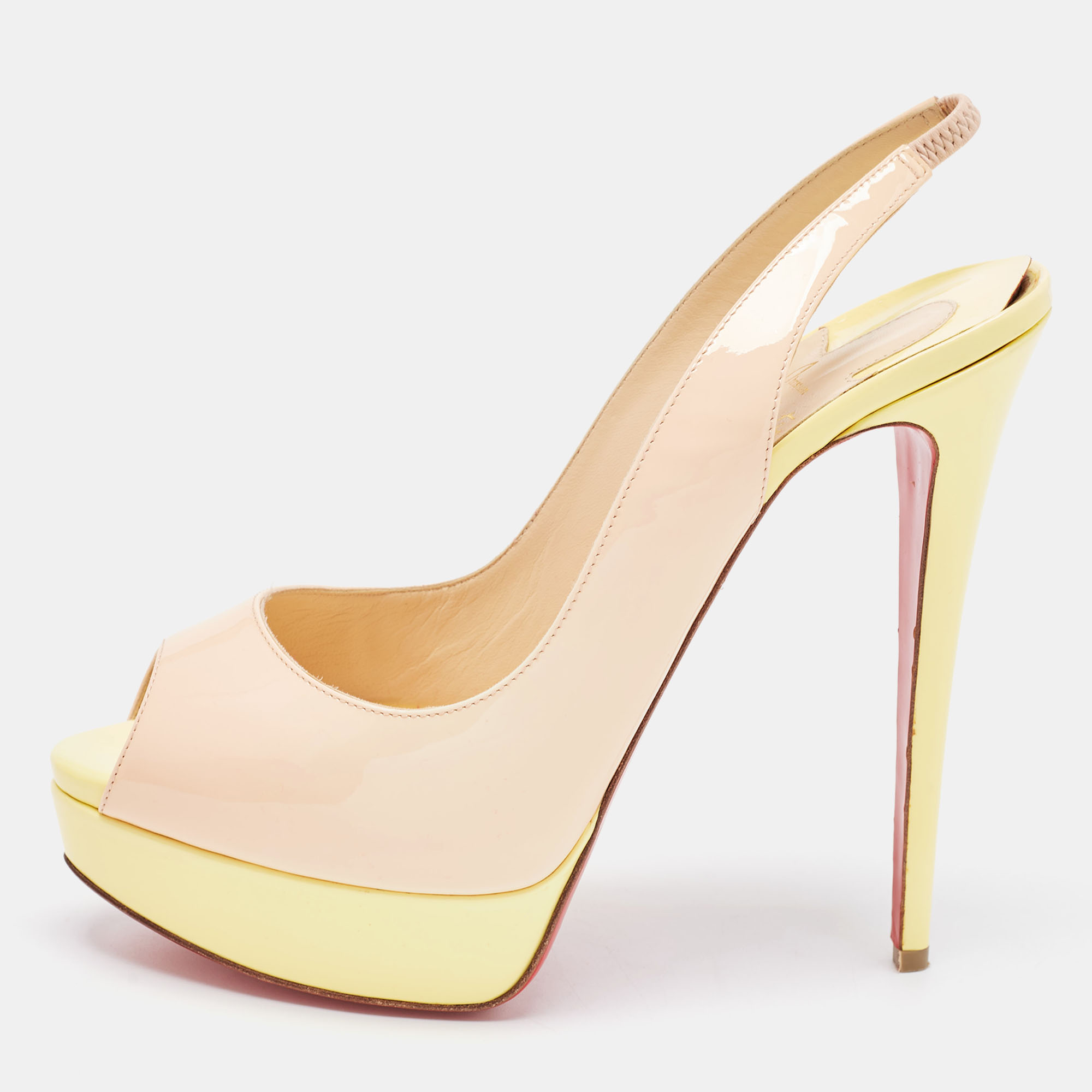 Christian louboutin beige/yellow patent leather lady peep slingback pumps size 40