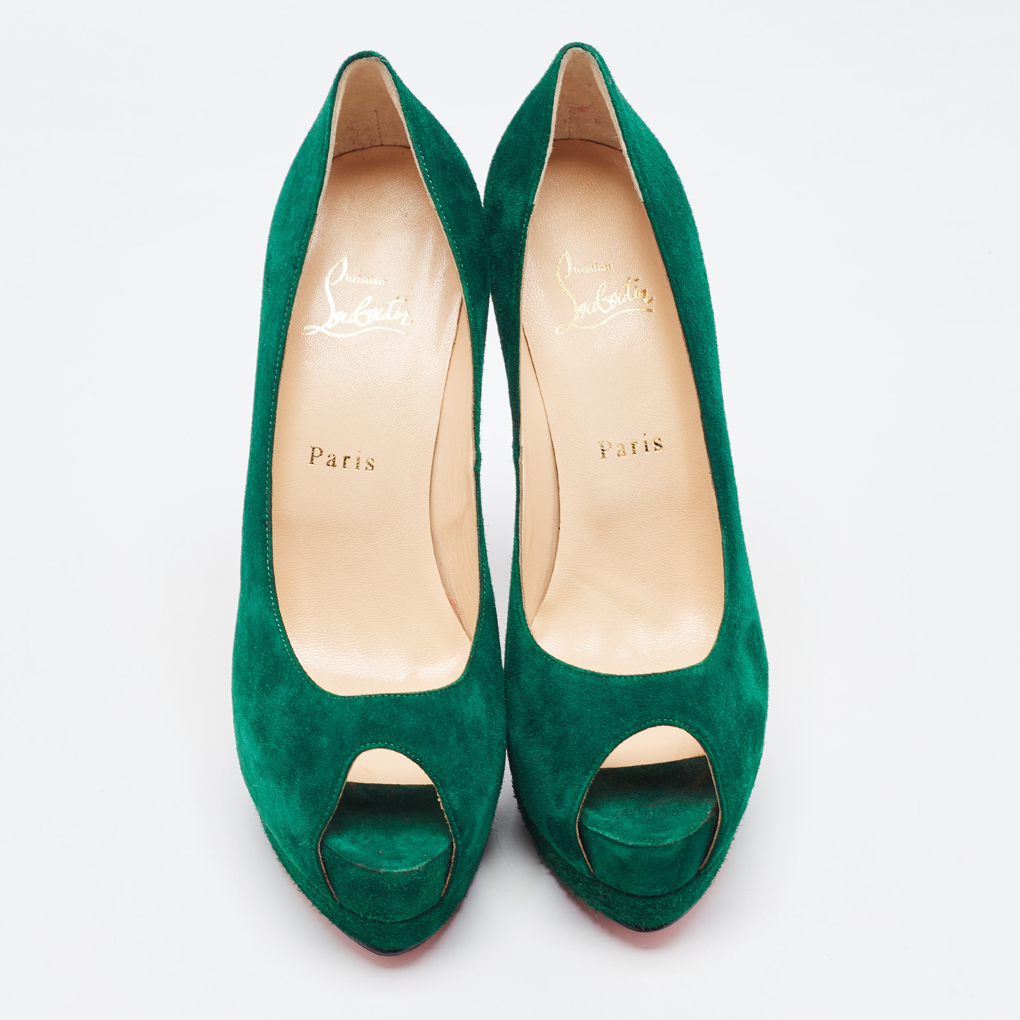 Christian Louboutin Green Suede Palais Royal Peep Toe Pumps Size 39.5