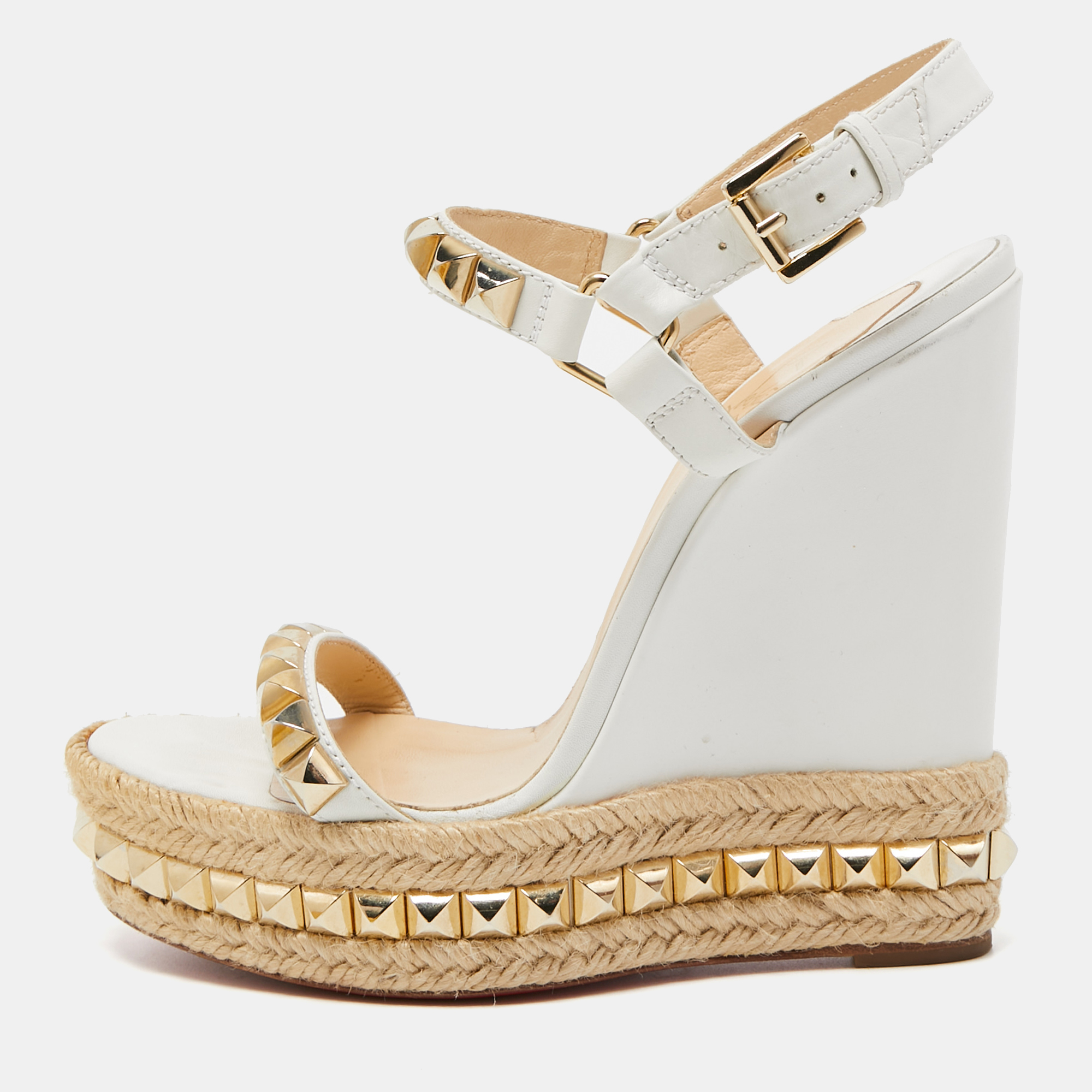 Christian Louboutin White Leather Studded Cataclou Espadrille Wedge Sandals Size 38
