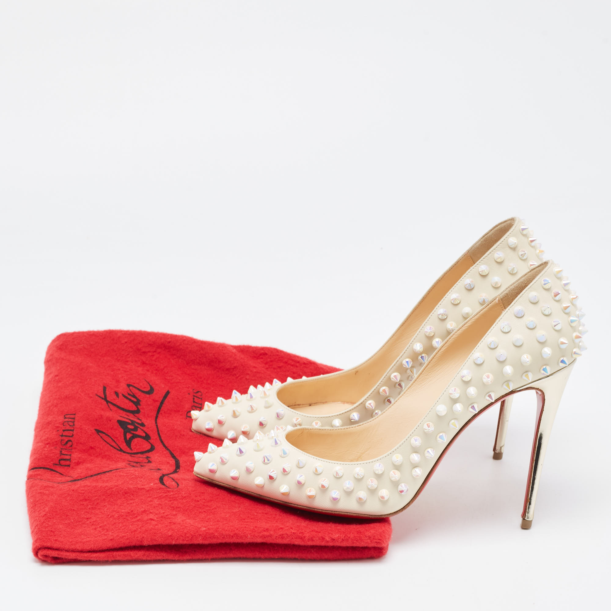 Christian Louboutin Cream Leather Pigalle Spikes Pumps Size 38
