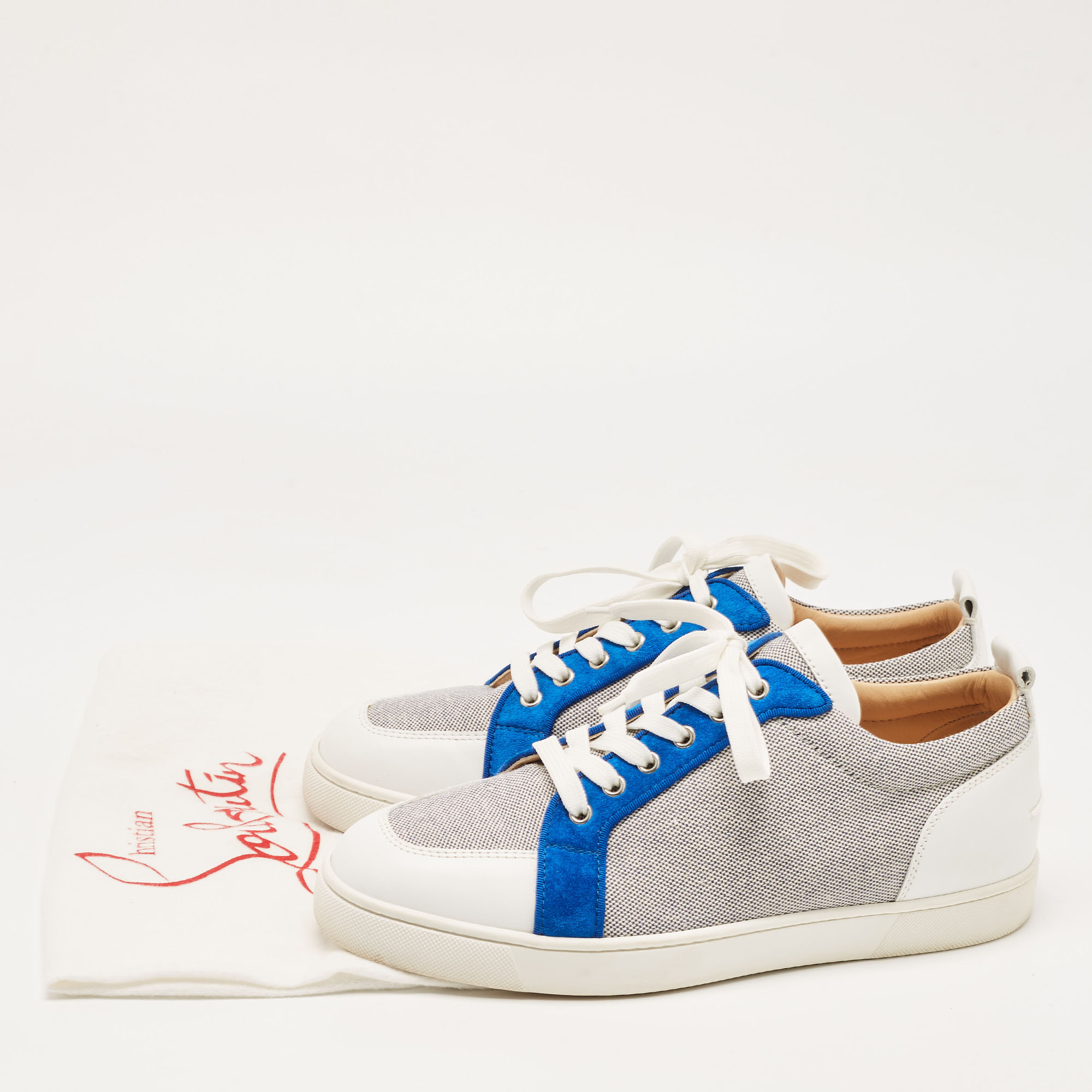 Christian Louboutin White/Navy Blue Leather And Woven Fabric Rantulow Low Top Sneakers Size 44