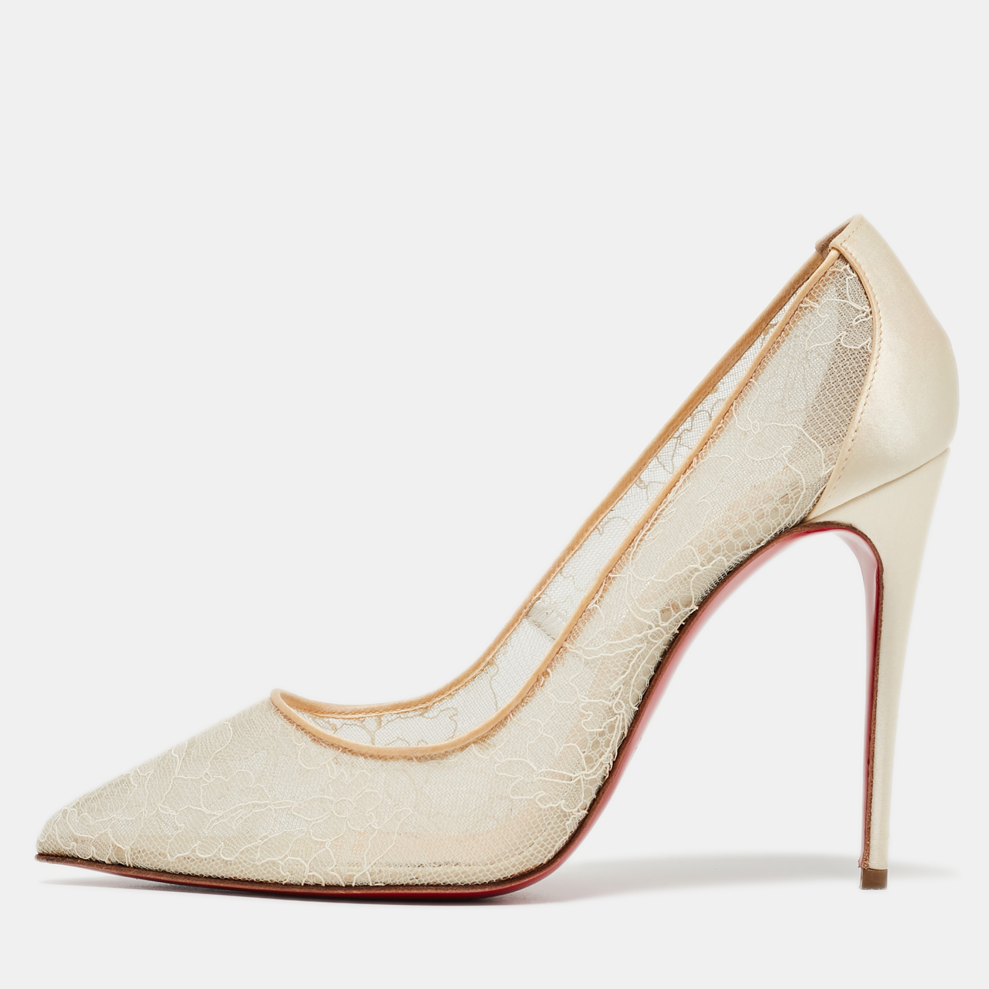 Christian Louboutin Off White Satin And Lace Follies Pumps Size 38.5