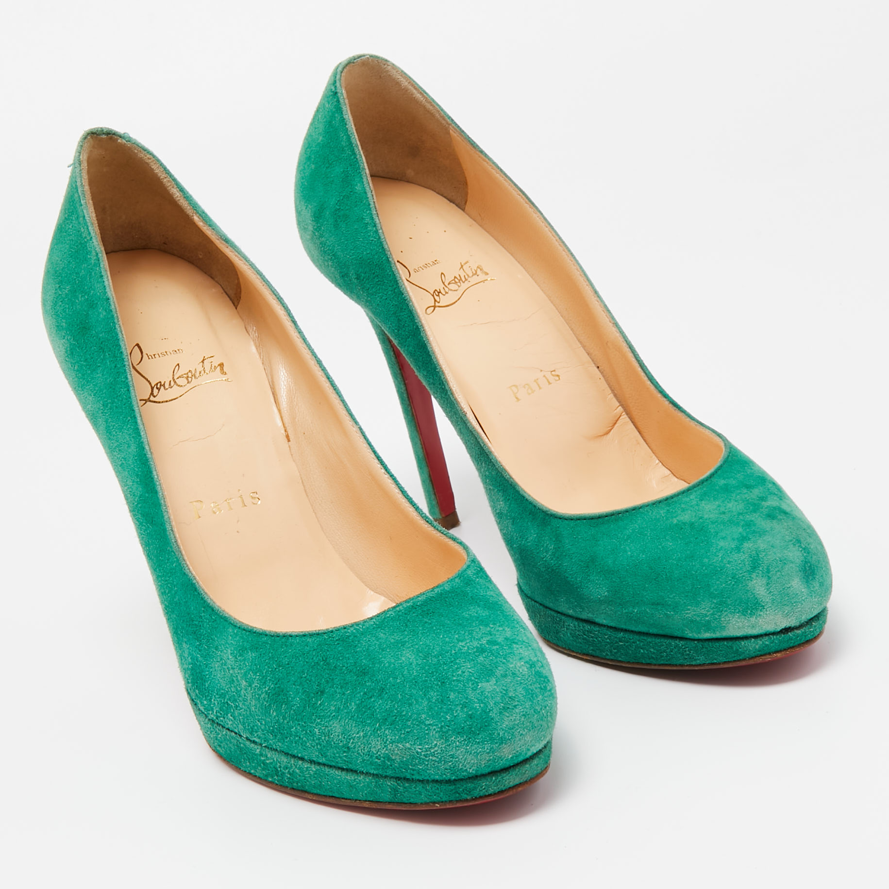 Christian Louboutin Green Suede Round Toe Pumps Size 37.5