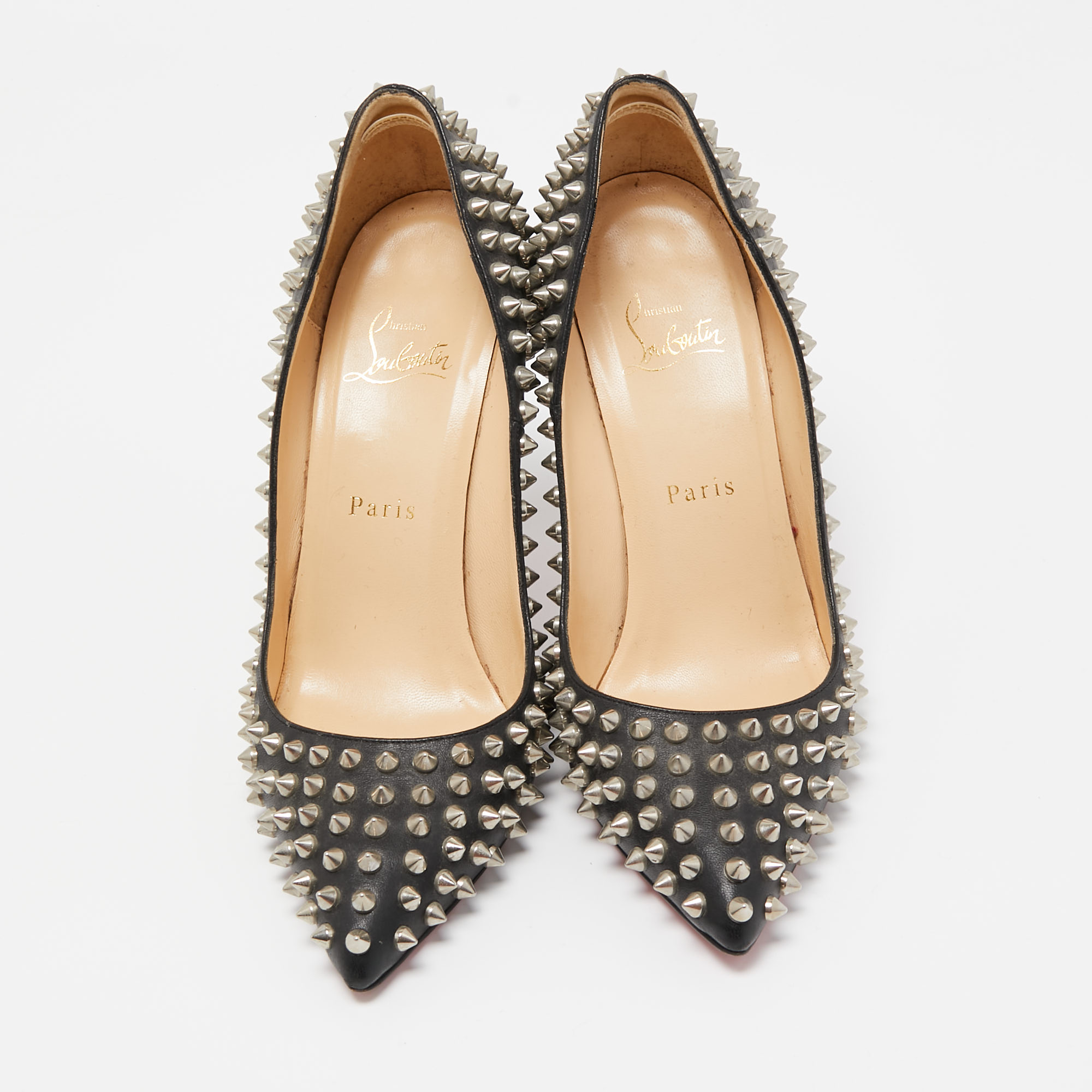 Christian Louboutin Black Leather Pigalle Spikes Pointed Toe Pumps Size 38.5