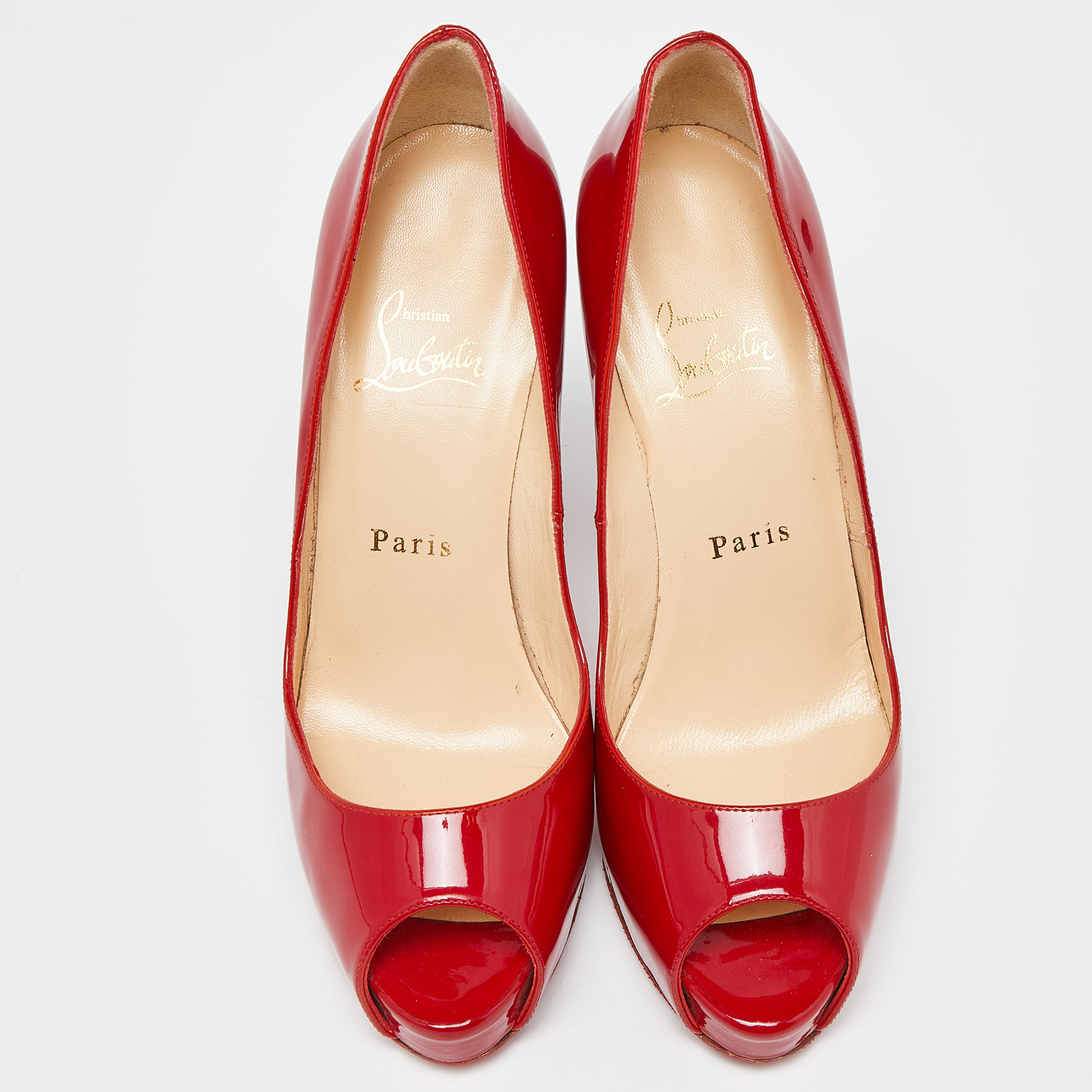 Christian Louboutin Red Patent Leather Very Prive Platform Peep Toe Pumps Size 37.5