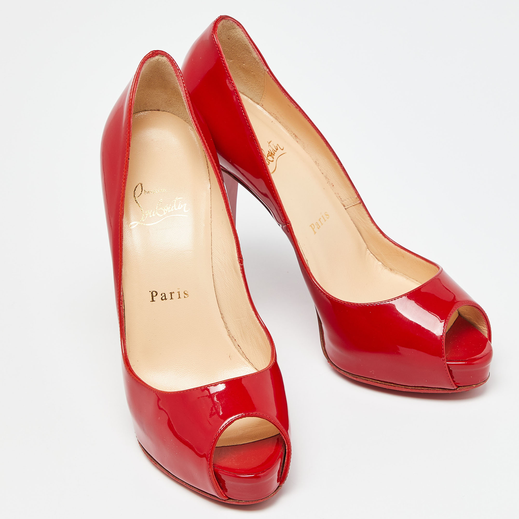 Christian Louboutin Red Patent Leather Very Prive Platform Peep Toe Pumps Size 37.5