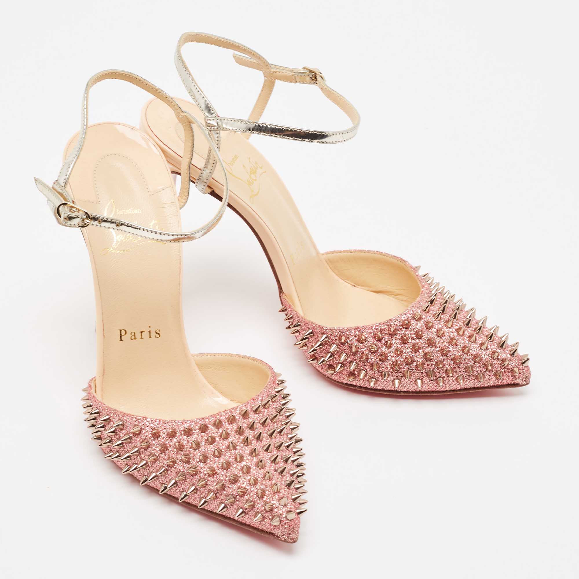 Christian Louboutin Pink/Silver Lurex Fabric And Leather Baila Spike Ankle Strap Pumps Size 36