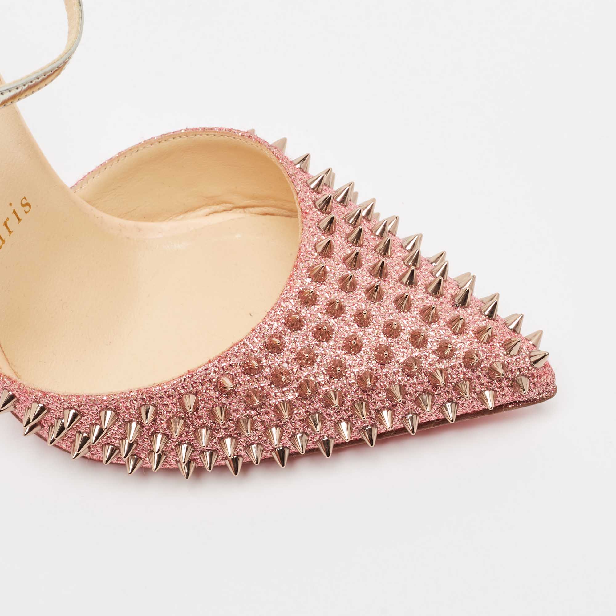 Christian Louboutin Pink/Silver Lurex Fabric And Leather Baila Spike Ankle Strap Pumps Size 36