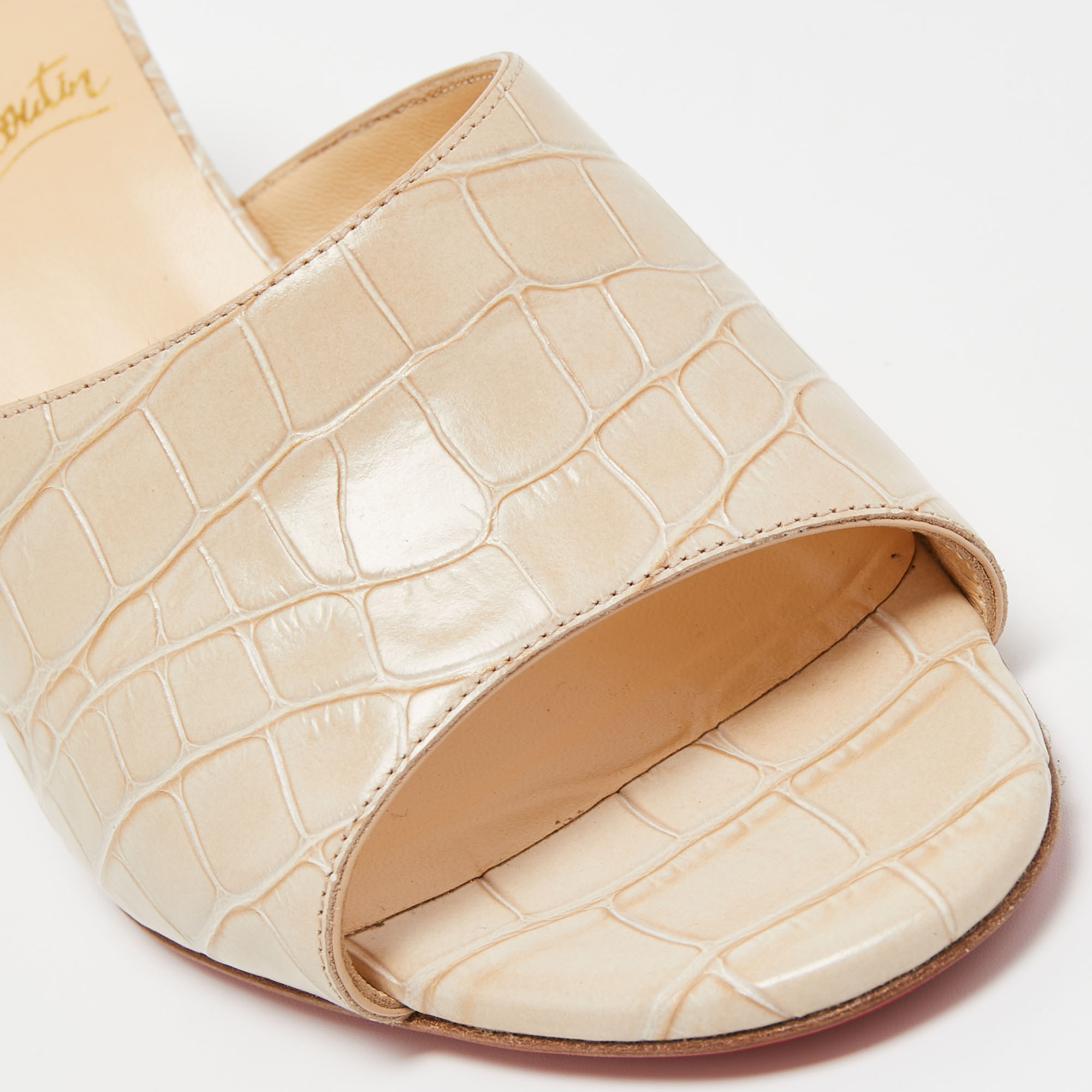 Christian Louboutin Beige Croc Embossed Leather East Slide Sandals Size 37